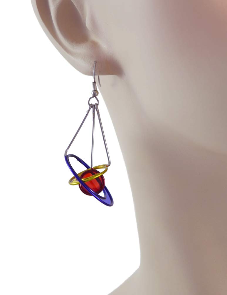 Kinetic Sculpture Inspired Stainless Steel Art Earrings - Red Blue Yellow Cosmos Design for Women, Perfect for Parties, Weddings, and Everyday Elegance