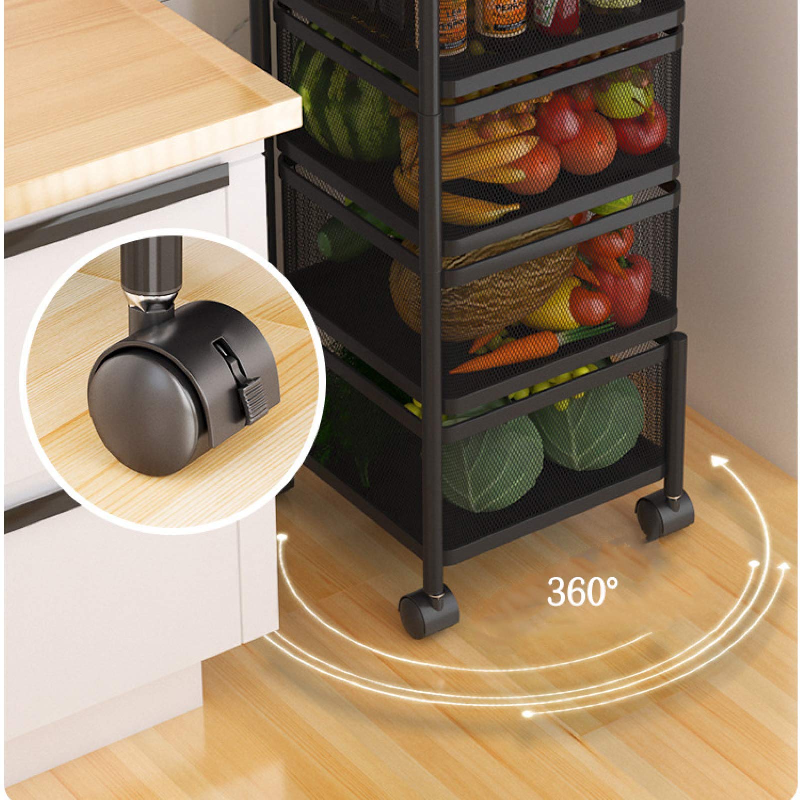 ZKHD 4-Tier Rotatable Kitchen Cart with Wheels - Black Floor Standing Storage Trolley for Fruits, Vegetables & Kitchen Organization | Perfect for Small Spaces, Pantry Storage & Mobile Food Prep Station