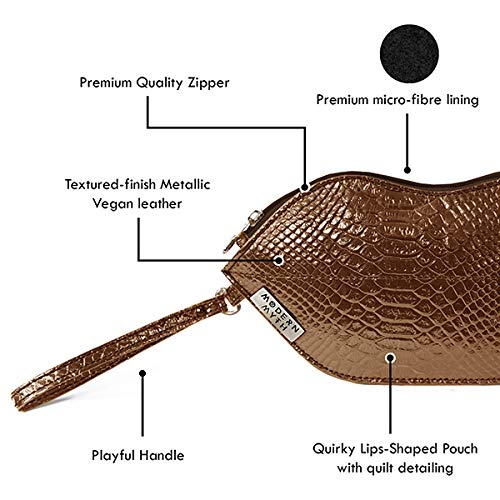 Modern Myth Bronze Metallic Lips Shaped Makeup Bag for Women - PU Leather Crocodile Pattern Cosmetic Pouch - Perfect for Everyday Use, Parties & Travel Accessories