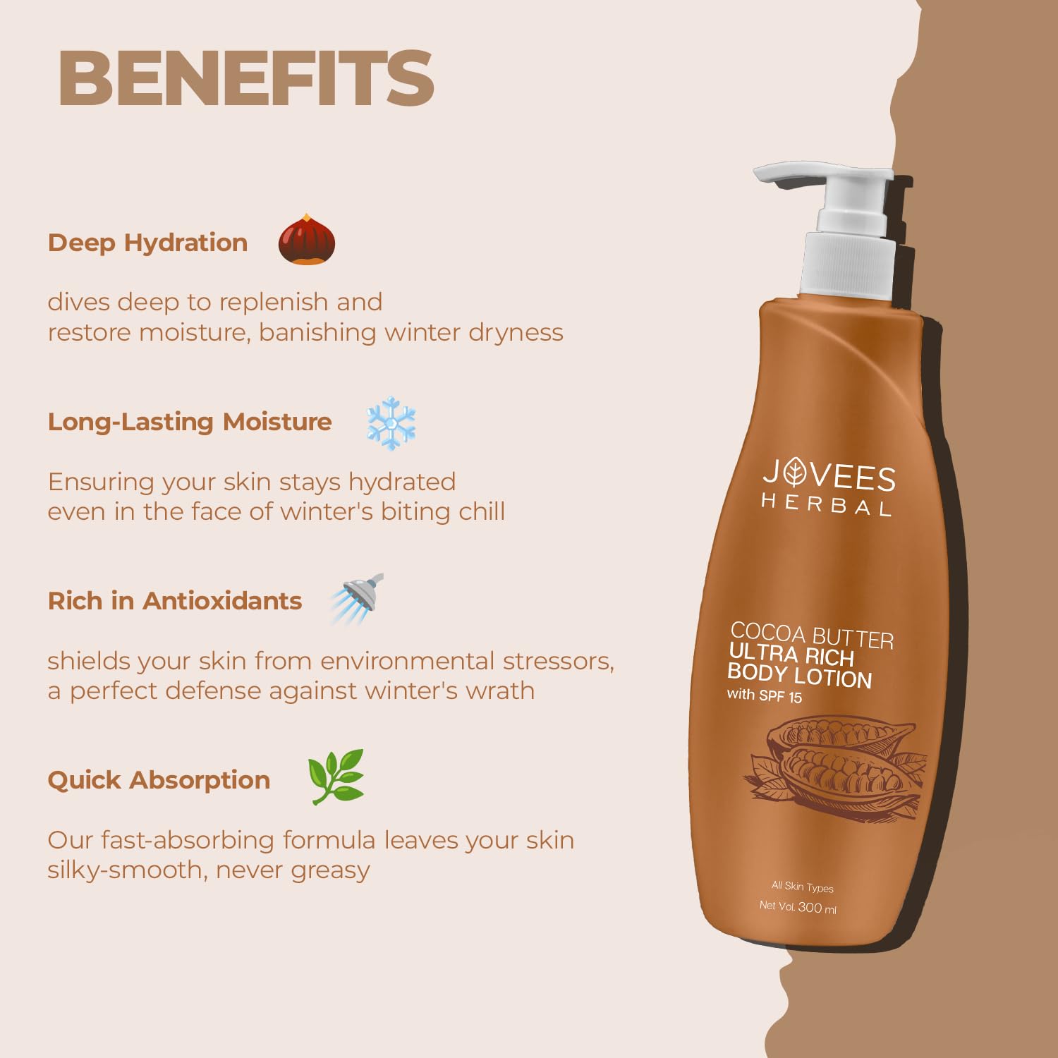 Jovees Cocoa Butter Body Lotion 300ml - Deep Moisturizing, Non-Sticky Formula for Very Dry Skin | Winter Skin Care with Cocoa Butter for Smooth & Healthy Skin | Perfect for Daily Hydration & Cold Weather Protection