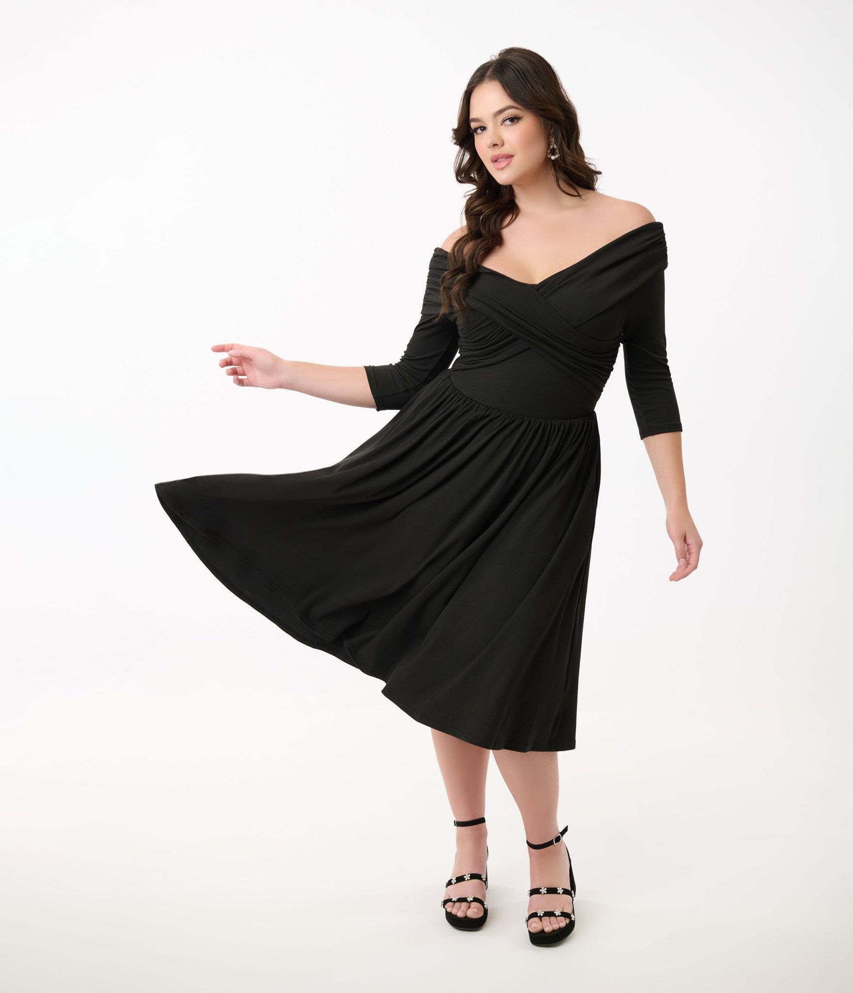 Vintage Black Shirred Off Shoulder Swing Dress for Women - Elegant Retro Party & Wedding Guest Outfit
