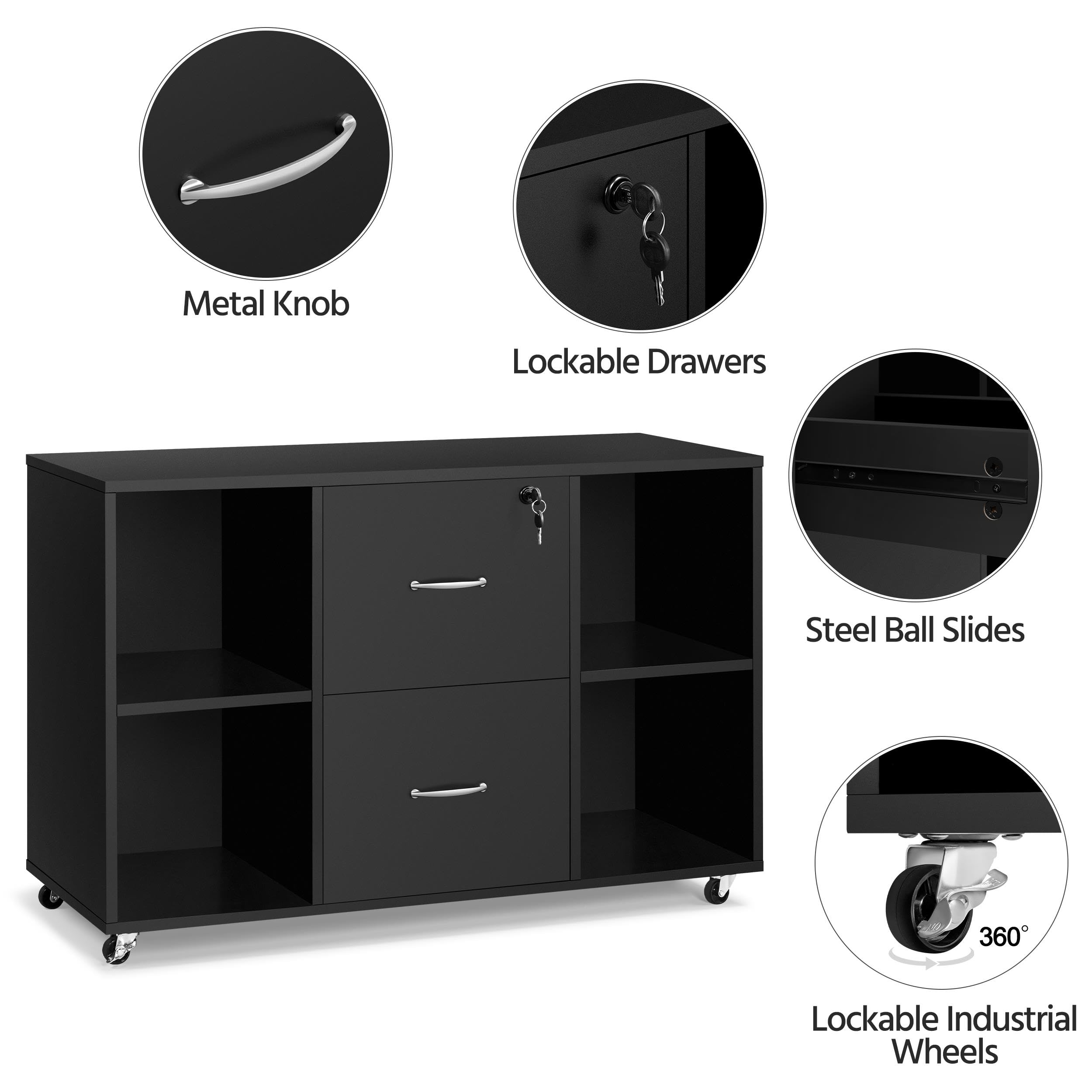 Topeakmart Black File Cabinet - Large Mobile Filing Cabinet with Storage for Letter & A4 Size - Heavy Duty Printer Stand for Home Office - Perfect for Organizing Documents in Small Spaces & Workspaces