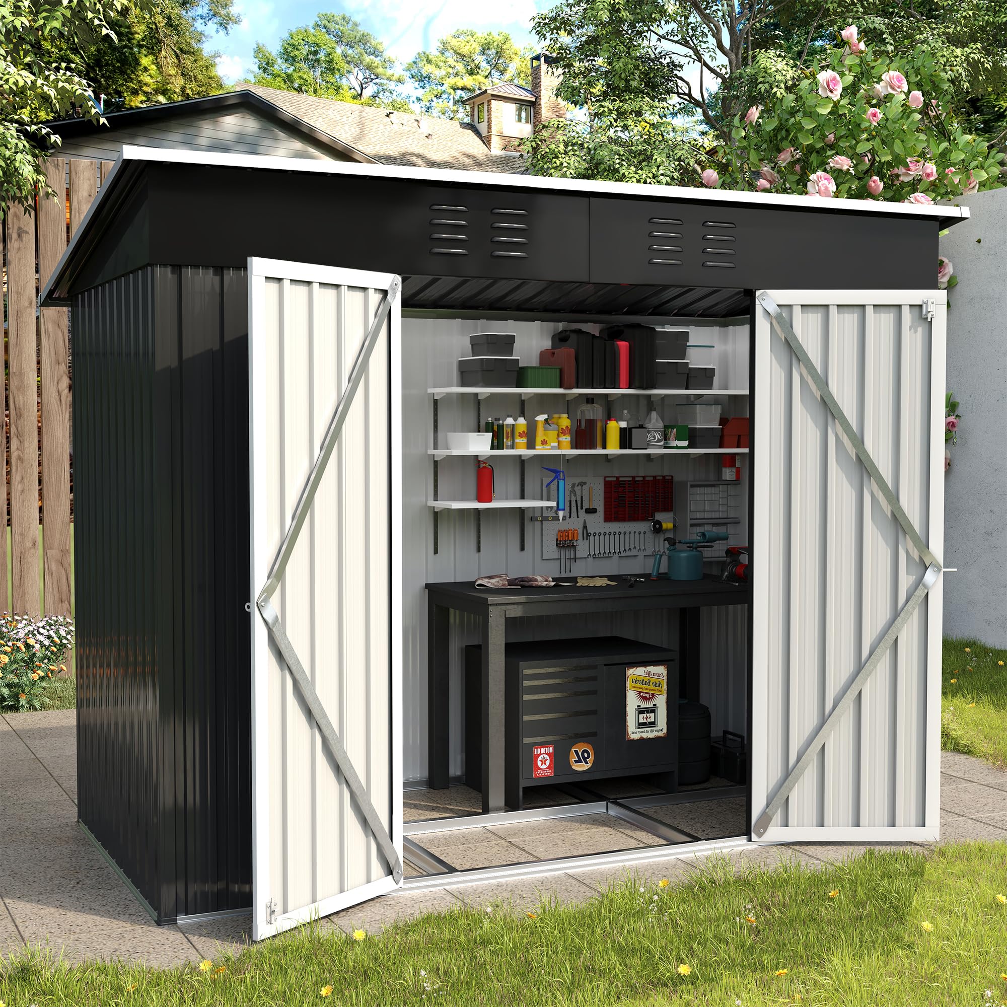 8x4 FT Outdoor Storage Shed - Galvanized Steel Metal Tool Shed with Lockable Door for Patio, Yard & Lawn - Perfect for Storing Bikes, Lawnmowers & Garden Equipment (Dark Grey)