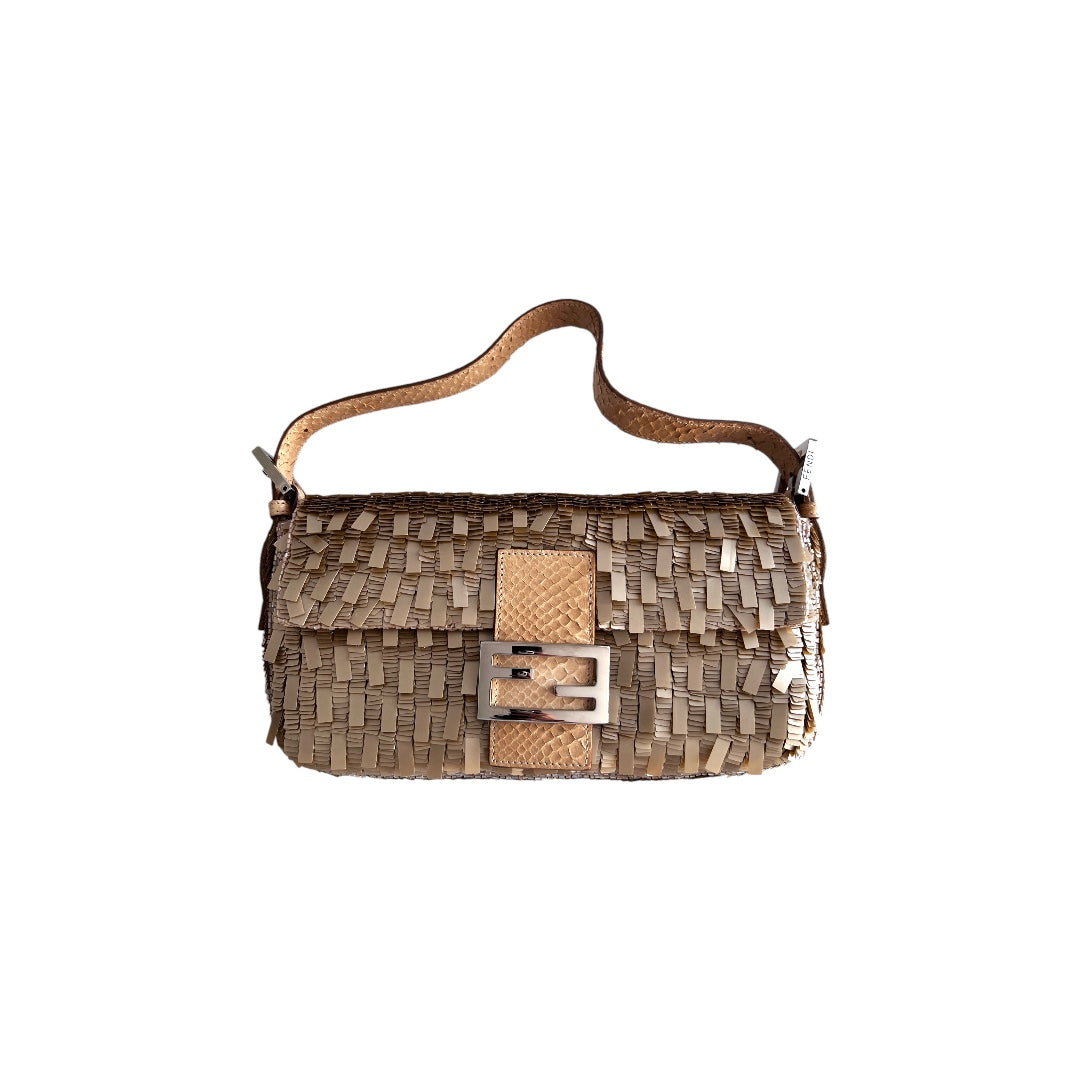 Fendi Champagne Sequin Baguette Bag - Luxury Evening Clutch for Women, Perfect for Parties, Weddings & Special Occasions