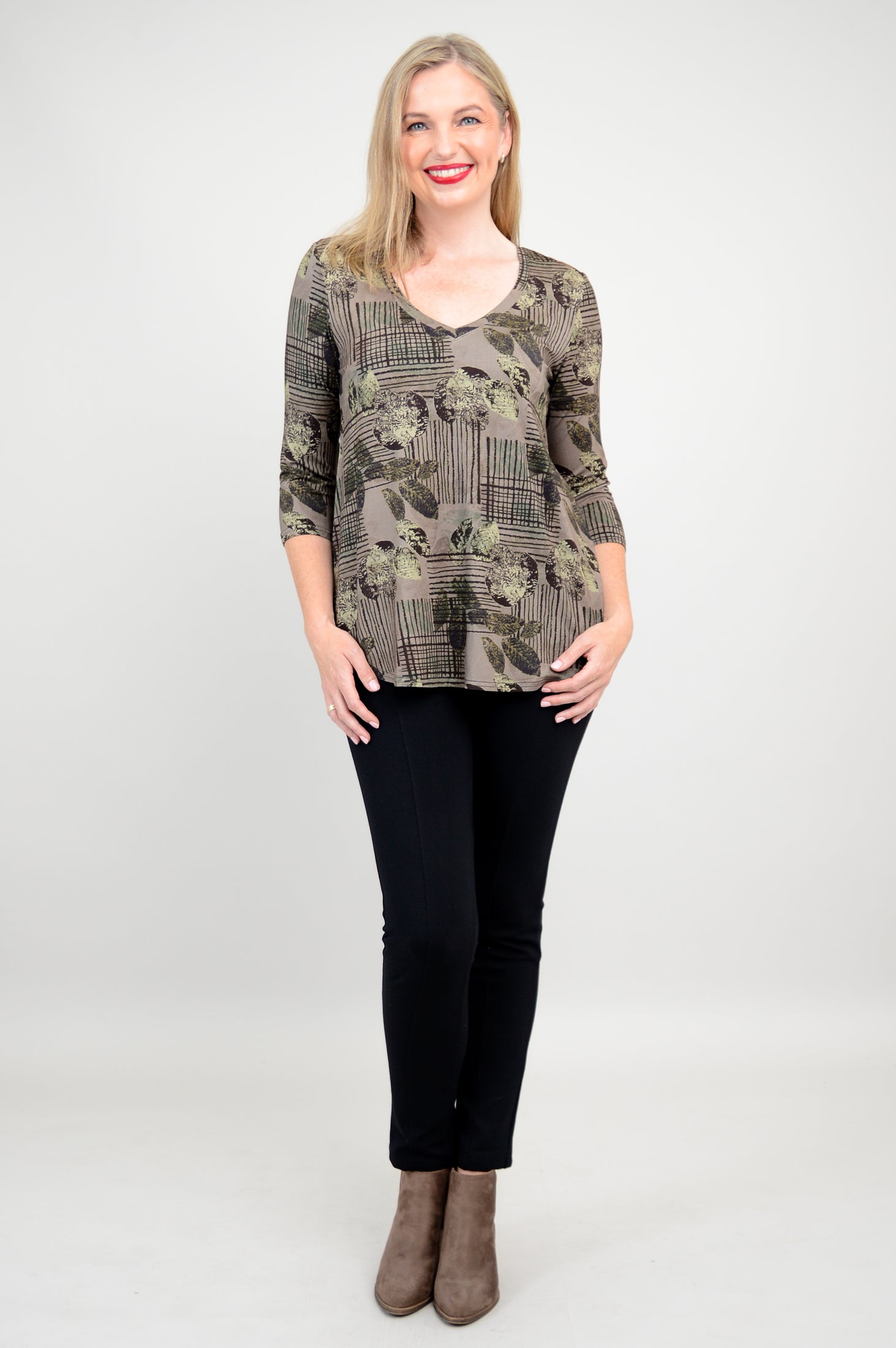 Jackie 3/4 Sleeve Bamboo Top with Fall Sketch Print - Women's Casual Blouse for Autumn Outfits & Office Wear - Final Sale