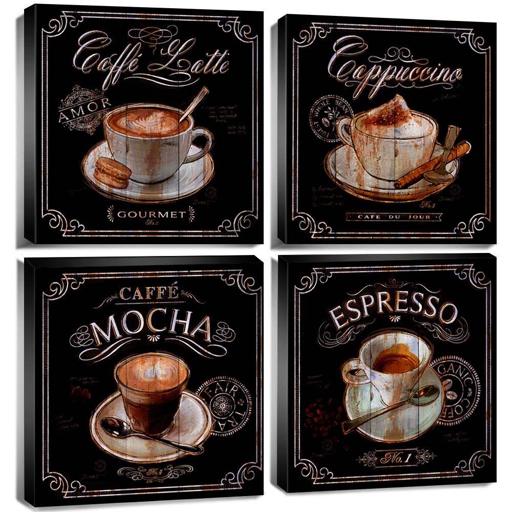 Vintage Coffee Wall Art Set - 12x12 Inch Canvas Paintings for Kitchen, Dining Room & Cafe Decor - Brown & Black Coffee Bean Themed Artwork - Perfect for Home, Bar, Restaurant & Coffee Shop (4Pcs)