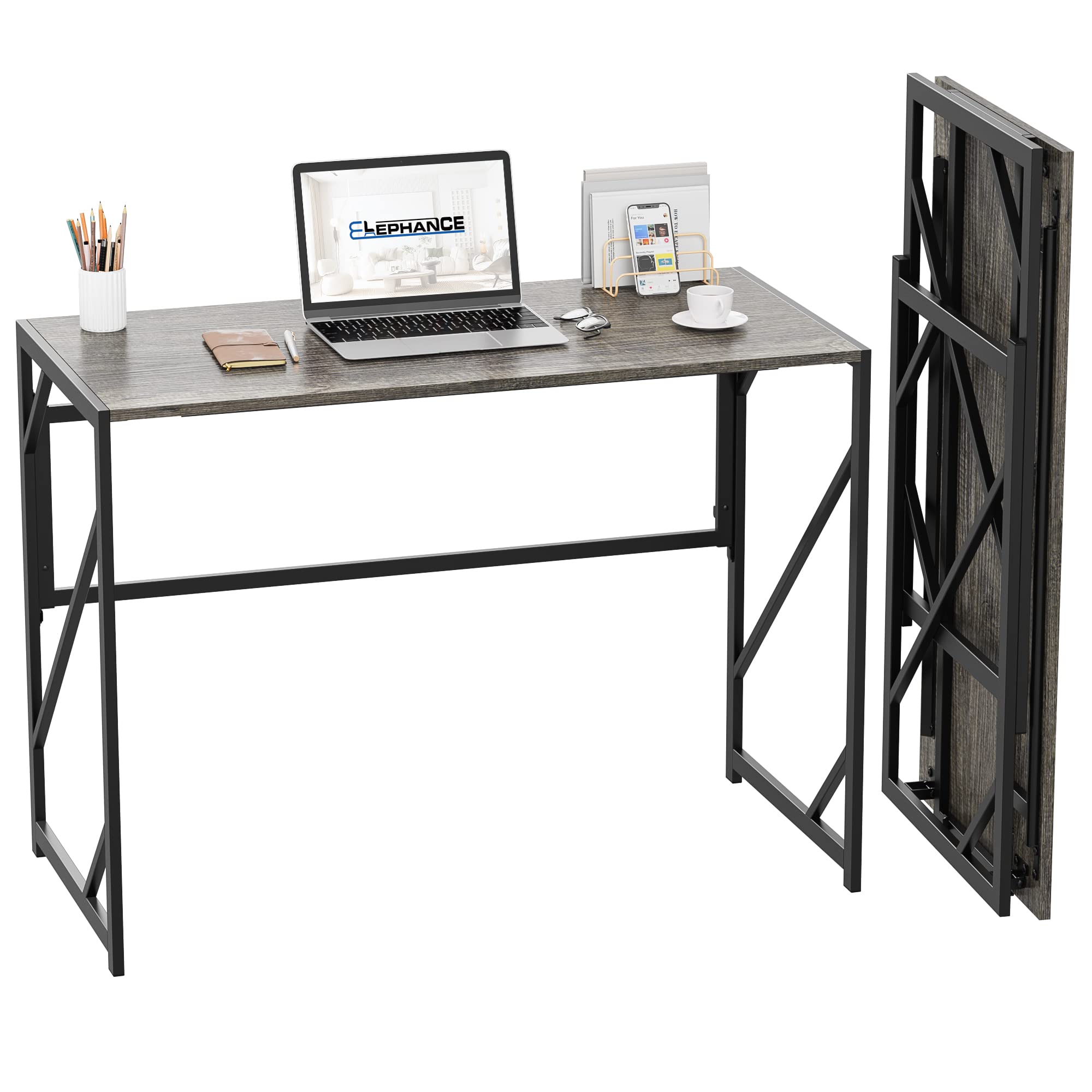 Elephance 40 Inch Folding Computer Desk - No Assembly Required, Foldable Home Office Desk for Small Spaces, Study Writing & Gaming Table - Perfect for Apartments, Dorms & Workspaces