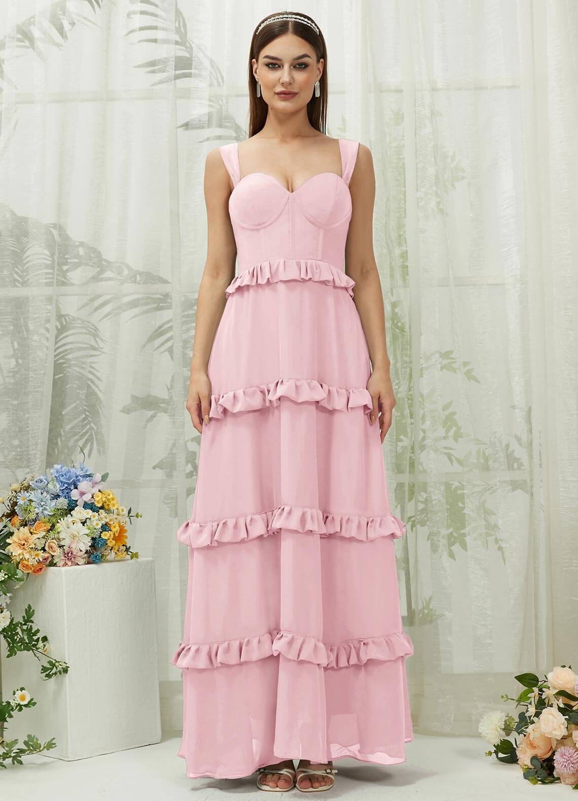 Elegant Blush Chiffon Sweetheart Neckline Strapless Tiered Maxi Bridesmaid Dress - Perfect for Weddings, Formal Events & Special Occasions