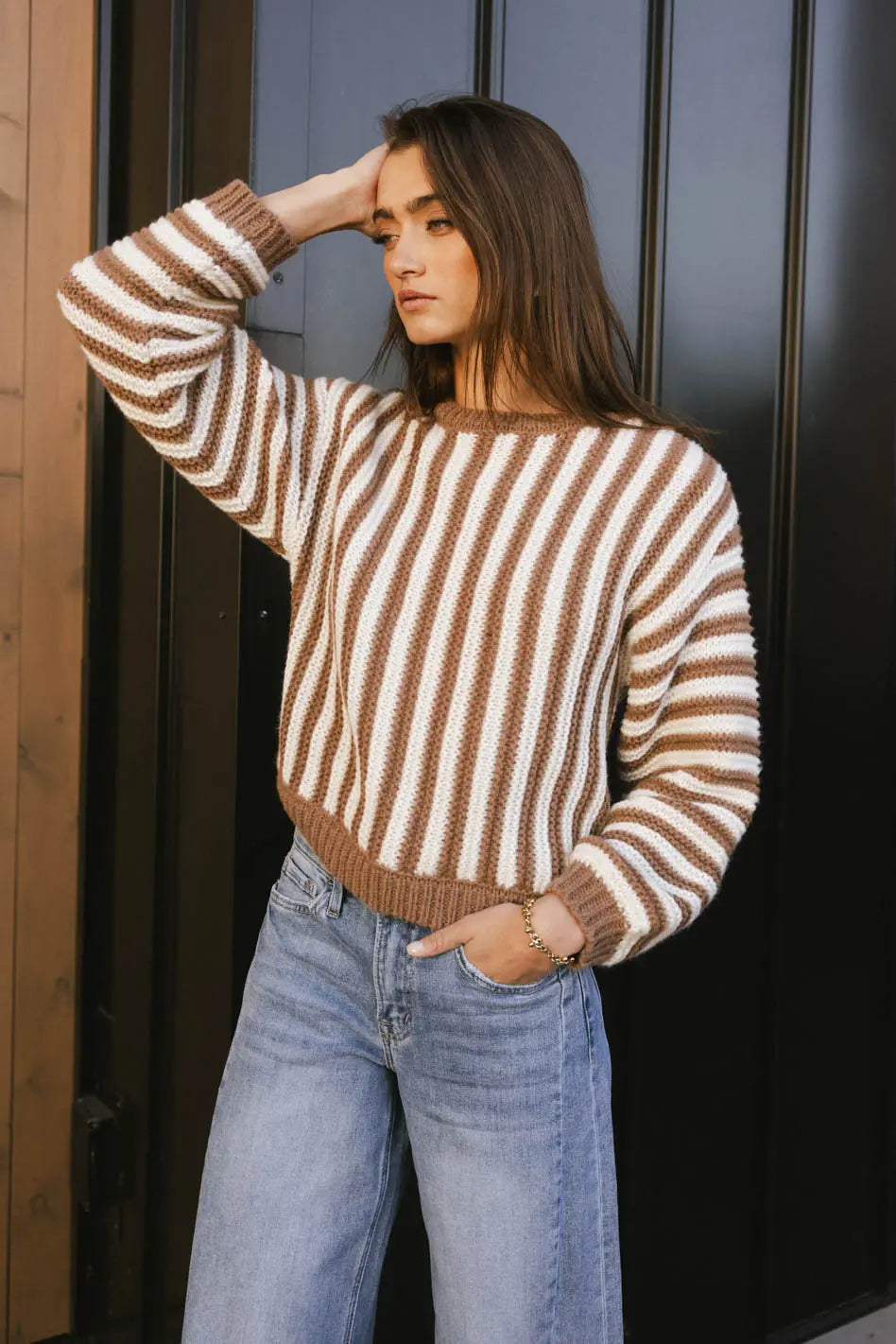 Baila Striped Sweater Women's Knit Pullover - Soft Mocha Brown Long Sleeve Casual Top for Fall & Winter | Perfect for Office, Date Night & Coffee Dates