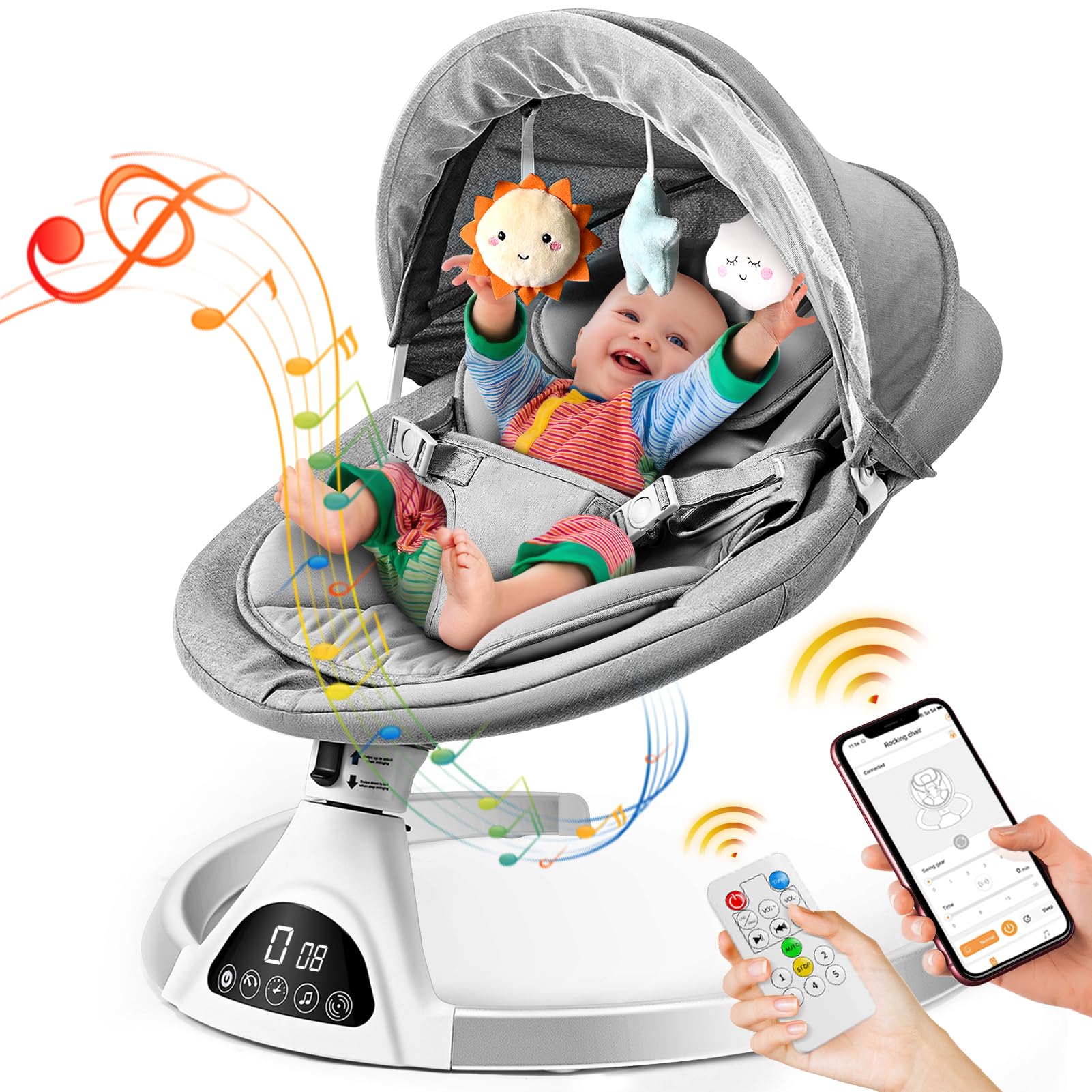 Smart Bluetooth Baby Swing with App Control - 5 Speed Adjustable, 12 Lullabies, Smart Sensor & Timer, Portable Infant Swing with Support Pillow for Newborns (Grey) | Perfect for Nursery, Travel & Outdoor Use