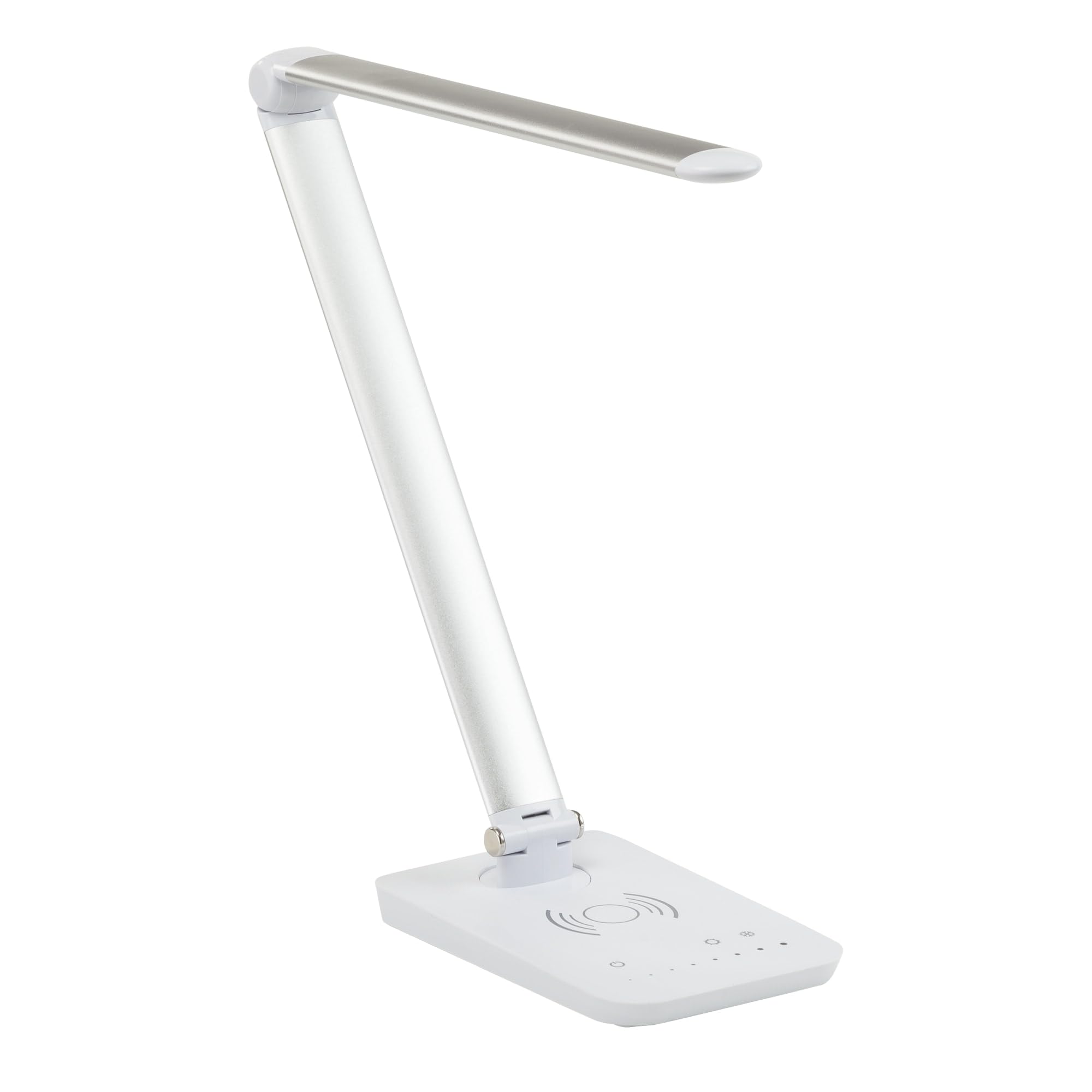 Safco 1009SL Adjustable LED Desk Lamp with Wireless Charging Pad - USB Port, Pivoting Neck, Silver (16