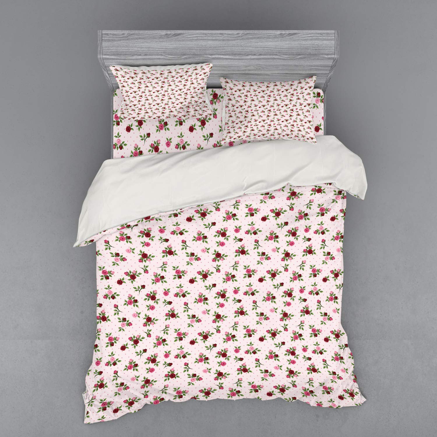 Ambesonne Floral Duvet Cover Set 4-Piece Queen Size - Vintage Rose Bouquet & Polka Dot Pastel Design, Pink Burgundy Green Bedding with Shams & Fitted Sheet | Romantic Bedroom Decor for Master Suite, Guest Room & Cozy Farmhouse Style