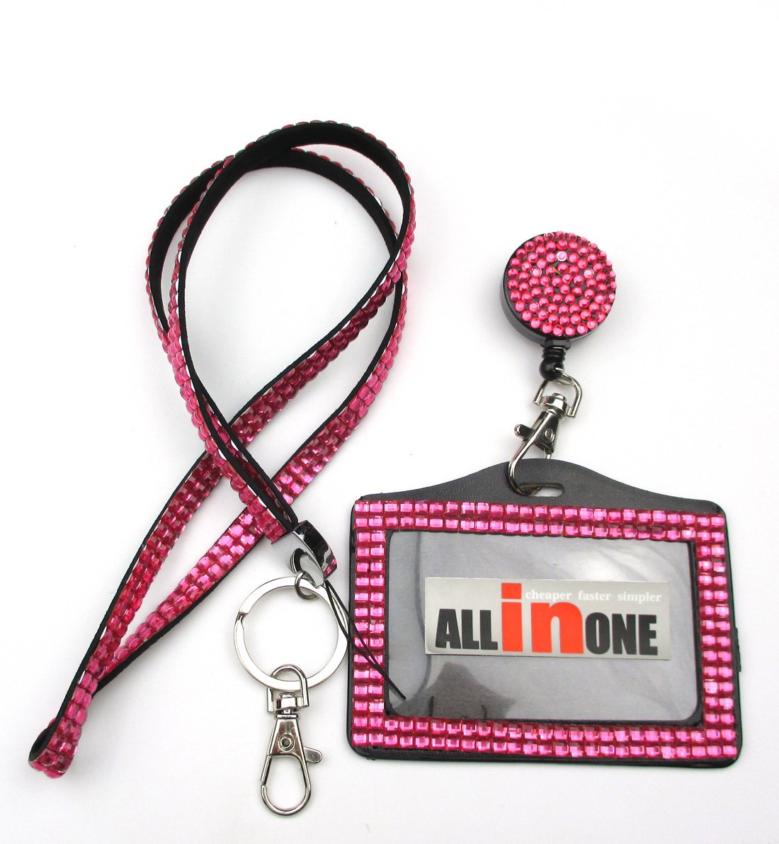 Sparkling Rhinestone Lanyard with Badge Reel & Horizontal Card Holder - All-in-One Business ID/Key Necklace (Pink) | Perfect for Nurses, Teachers, Office Professionals & Event Staff