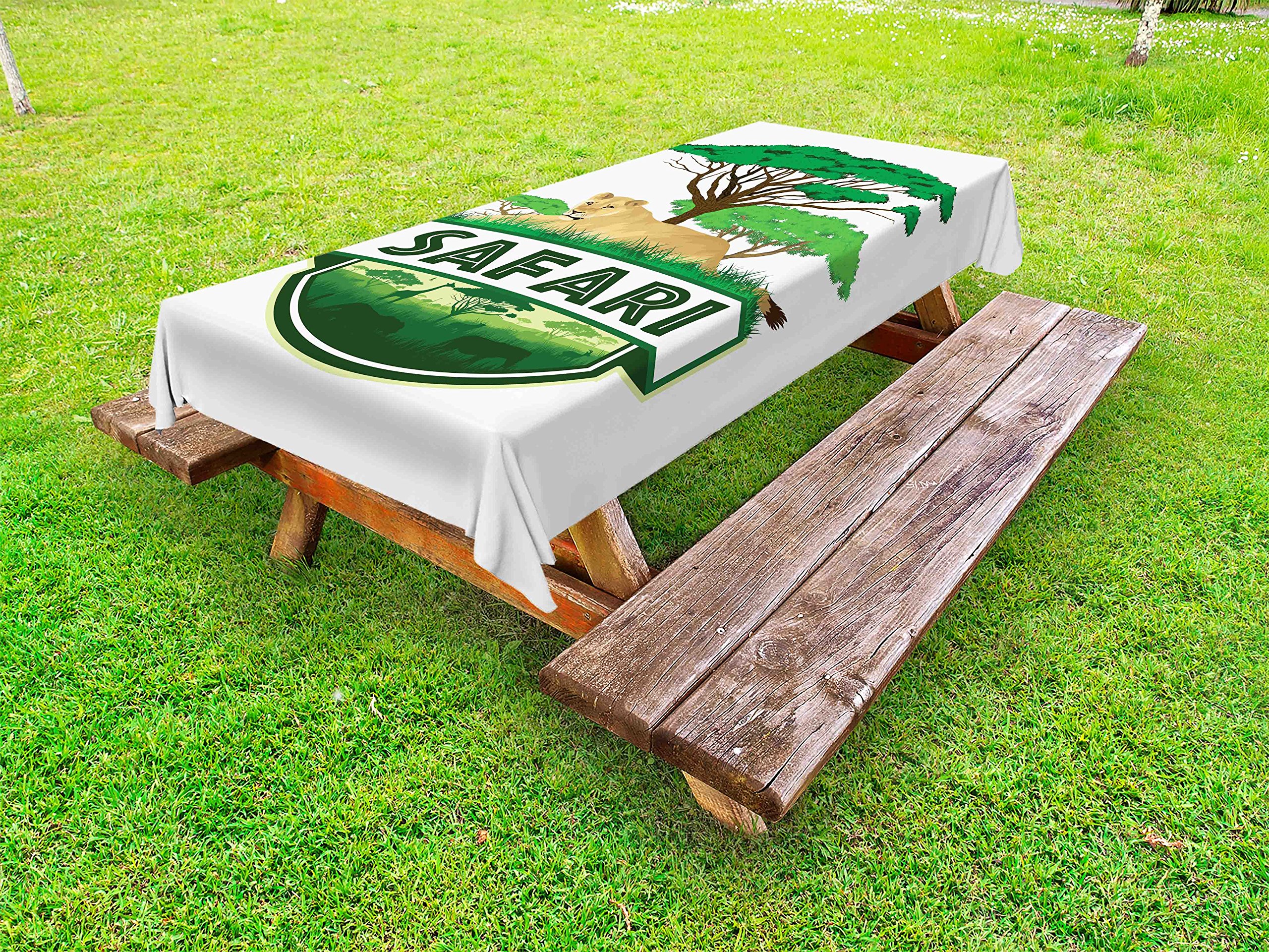 Ambesonne Savannah Outdoor Tablecloth - Lion & Green Trees Wilderness Theme, Washable Picnic Table Cover 58