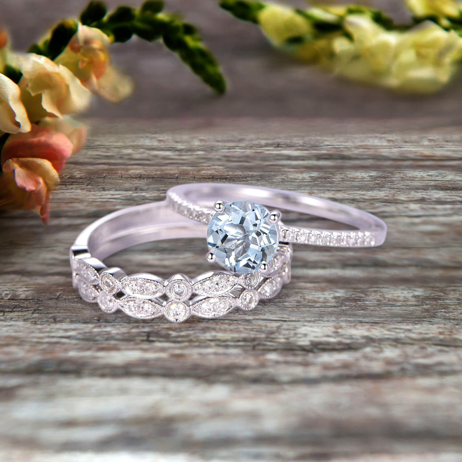 1.75 Carat 3-Piece Wedding Ring Set with Round Cut Aquamarine Engagement Ring in 10K White Gold - Art Deco Style for Bridal Jewelry, Anniversary Gifts & Special Occasions