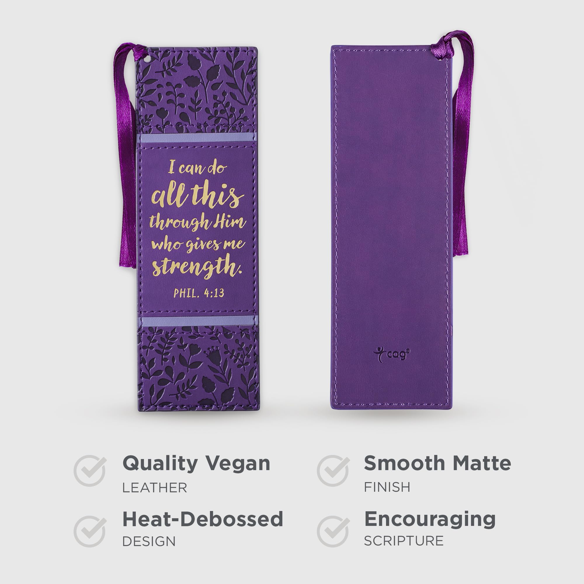 Inspirational Vegan Leather Scripture Bookmark for Women - Christian Art Gift with 'I Can Do All Things' Bible Verse, Satin Ribbon Tassel, Heat-Debossed Purple Floral & Gold Design - Perfect for Bible Study, Journaling & Book Lovers