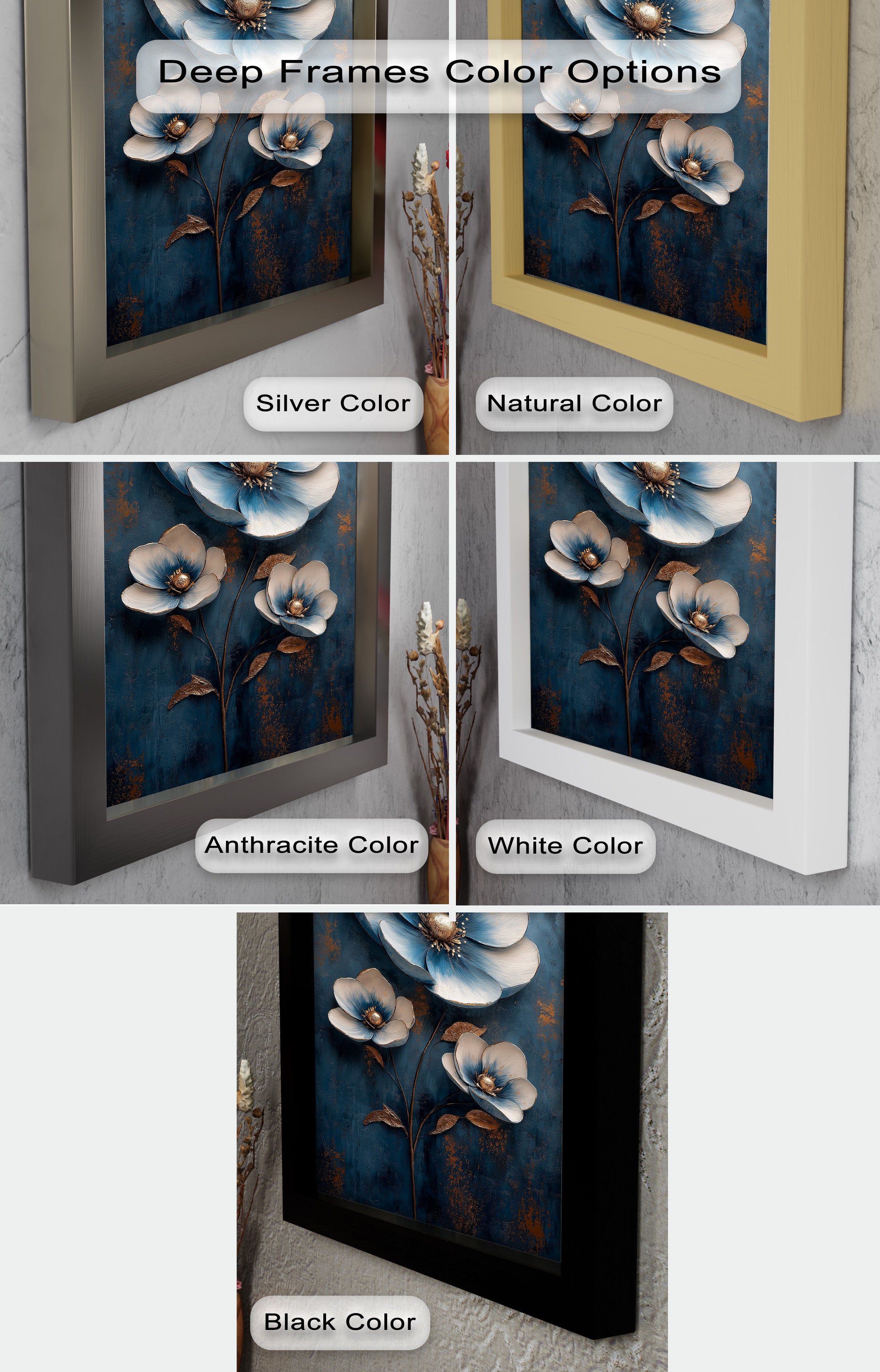 Blue and Gold Flower Modern Oil Painting - Handmade Canvas Wall Art for Living Room, Bedroom & Office Decor