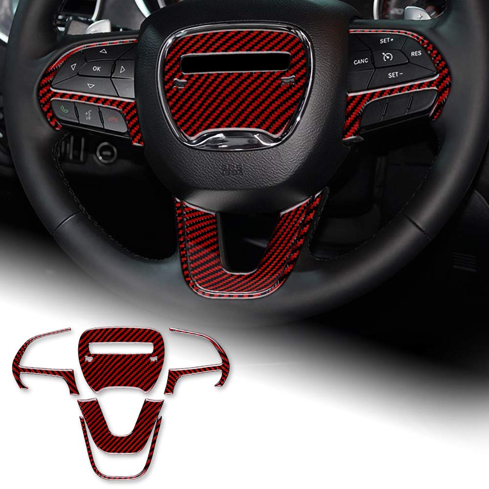 Premium Carbon Fiber Steering Wheel Button Stickers for Dodge Charger 2015-2020 - Black with Red Interior Trim Decals - Upgrade Your Car's Style & Protection - Perfect for Daily Driving, Car Shows & Customization Projects