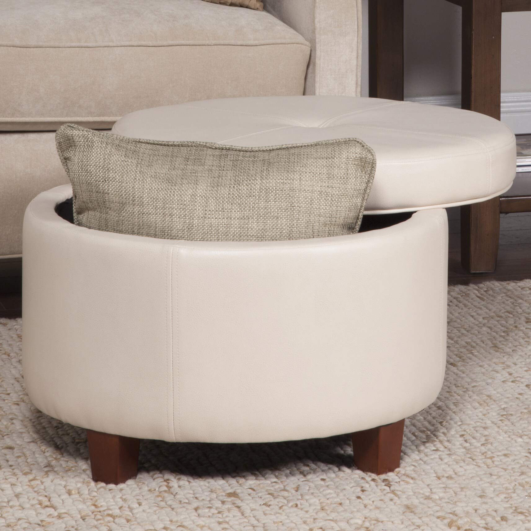 Large Ivory Faux Leather Round Storage Ottoman with Wood Base - Cream Solid Transitional Style Footstool, Pouf & Seat with Foam Cushion - Perfect for Living Room, Bedroom & Home Decor