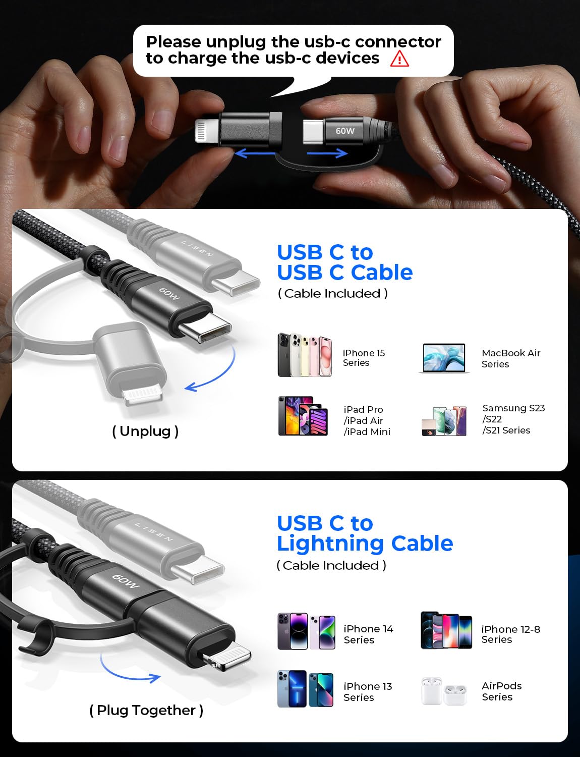 60W Dual USB-C Car Charger for iPhone 16/Pro Max & Samsung Galaxy S24 - Fast Charging Metal Mini Car Phone Charger with Type C to C/Lightning Cable - Perfect for Road Trips & Daily Commute