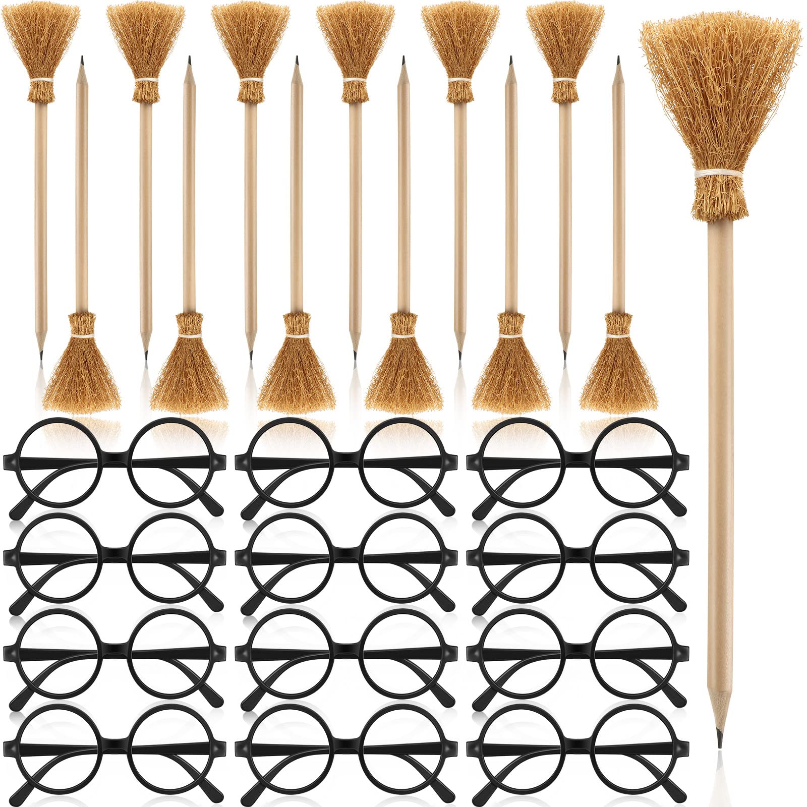 24 Pieces Witch Broom Pencils and Plastic Wizard Glasses with Round Frame - No Lenses Costume Accessories for Wizard Theme Party, Birthday Decor, Halloween Supplies, Kids Teens Dress Up