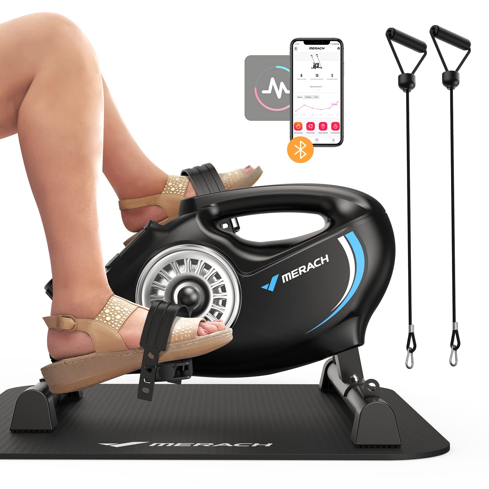 MERACH Under Desk Bike Pedal Exerciser - Quiet Magnetic Mini Exercise Bike for Arm & Leg Recovery, Physical Therapy with App Control - Smooth Foot Desk Cycle with 2 Resistance Bands & Non-Slip Mat - Perfect for Office Workouts, Home Fitness & Rehabilitation Therapy