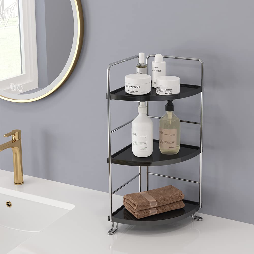 3-Tier Bathroom Corner Organizer - Black Countertop Vanity Shelf for Skincare & Makeup Storage - Space Saving Sink Organizer for Small Bathrooms - Perfect for Cosmetics, Toiletries, and Jewelry Organization