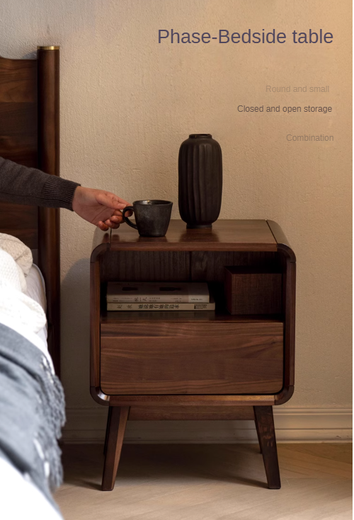 Premium Black Walnut & Ash Solid Wood Modern Nightstand - Stylish Bedside Table for Bedroom, Living Room, or Office
