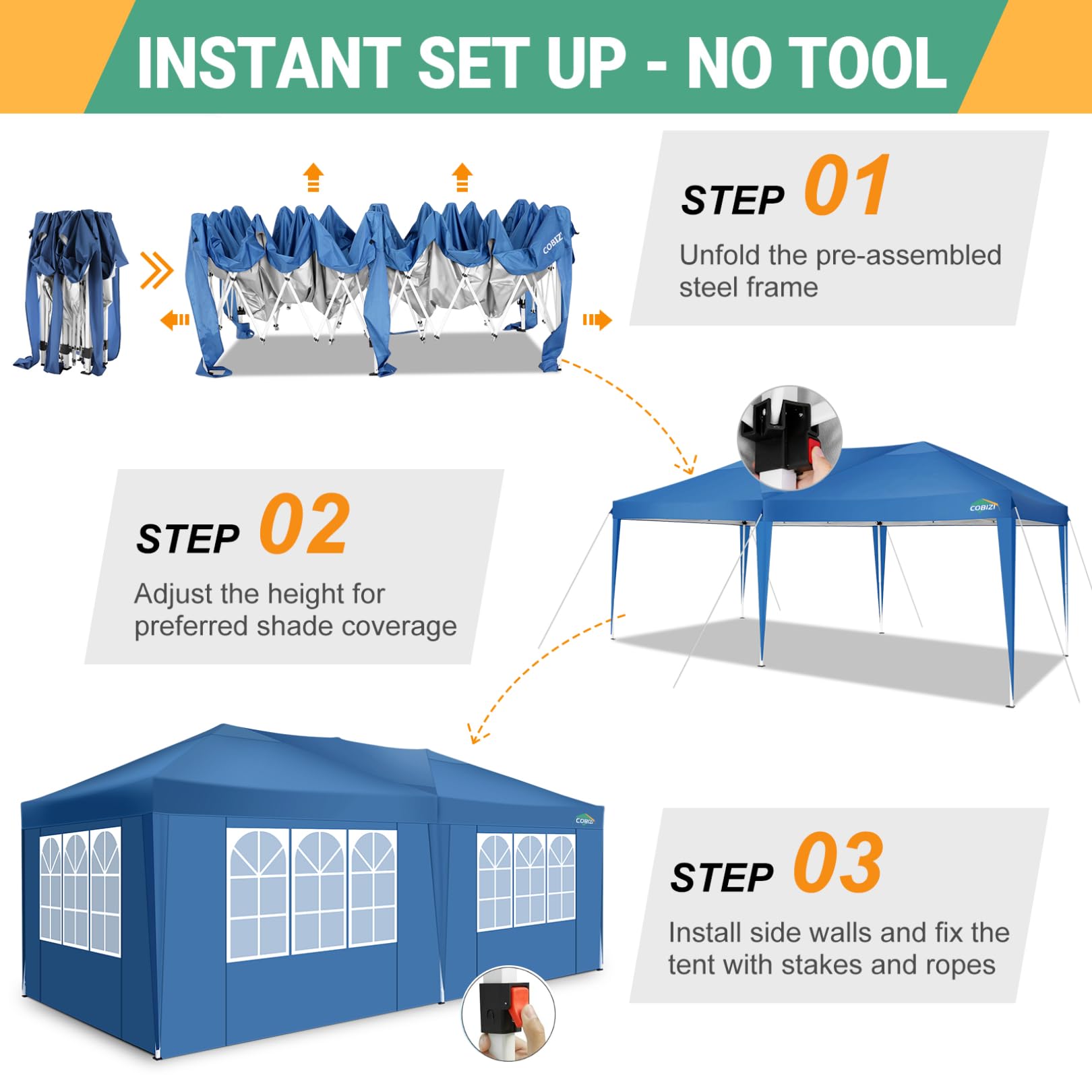 COBIZI 10x20 Pop Up Canopy Tent with 6 Sidewalls - Waterproof Outdoor Event Shelter, Instant Gazebo Sun Shade for Parties, Beach, Camping & Commercial Use | Portable Blue 10x20 Canopy Tent | Perfect for Backyard BBQs, Farmers Markets & Tailgating