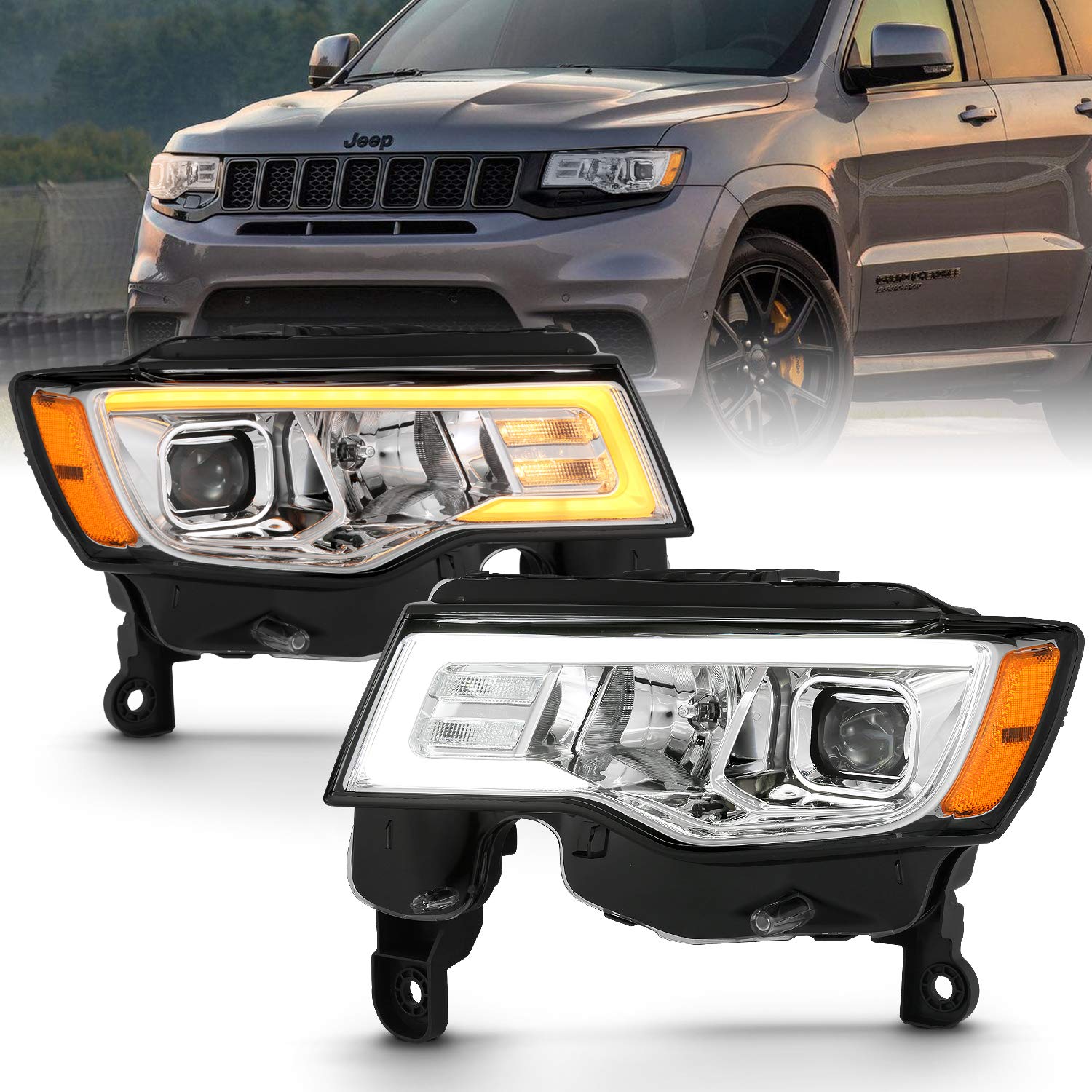 ANZO (111419) 2017-2018 Jeep Grand Cherokee LED Projector Headlights with Plank Style Switchback - Chrome & Amber - Upgrade for Off-Road & Night Driving