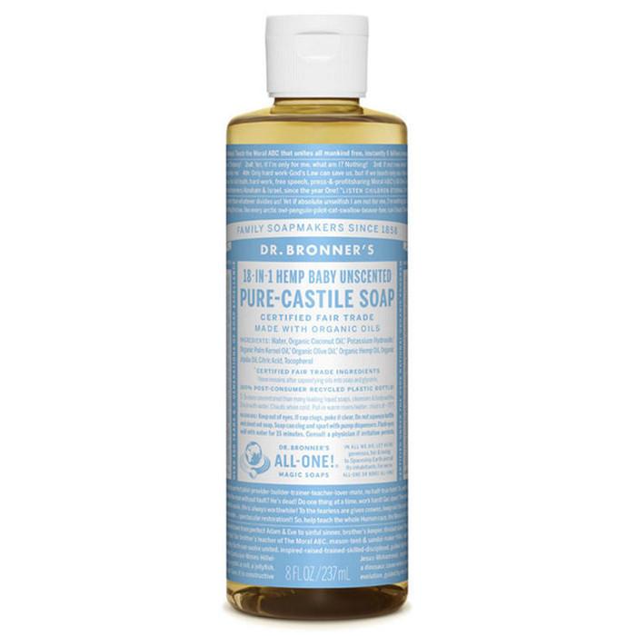 Dr. Bronners Pure Castile Liquid Soap - Unscented Baby Soap | Organic, Vegan & Gentle for Sensitive Skin | Perfect for Bath Time, Diaper Changes & Newborn Care