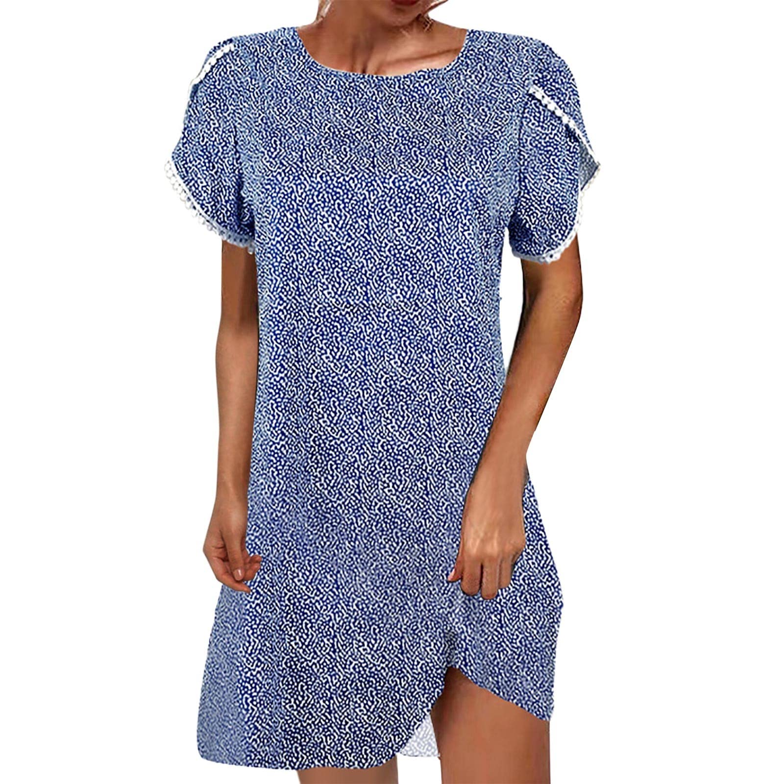 Women's Summer Casual Sun Dress with Floral Print, Round Neck & Short Sleeve Lace Trim - Perfect for Beach Vacations, Garden Parties & Everyday Wear