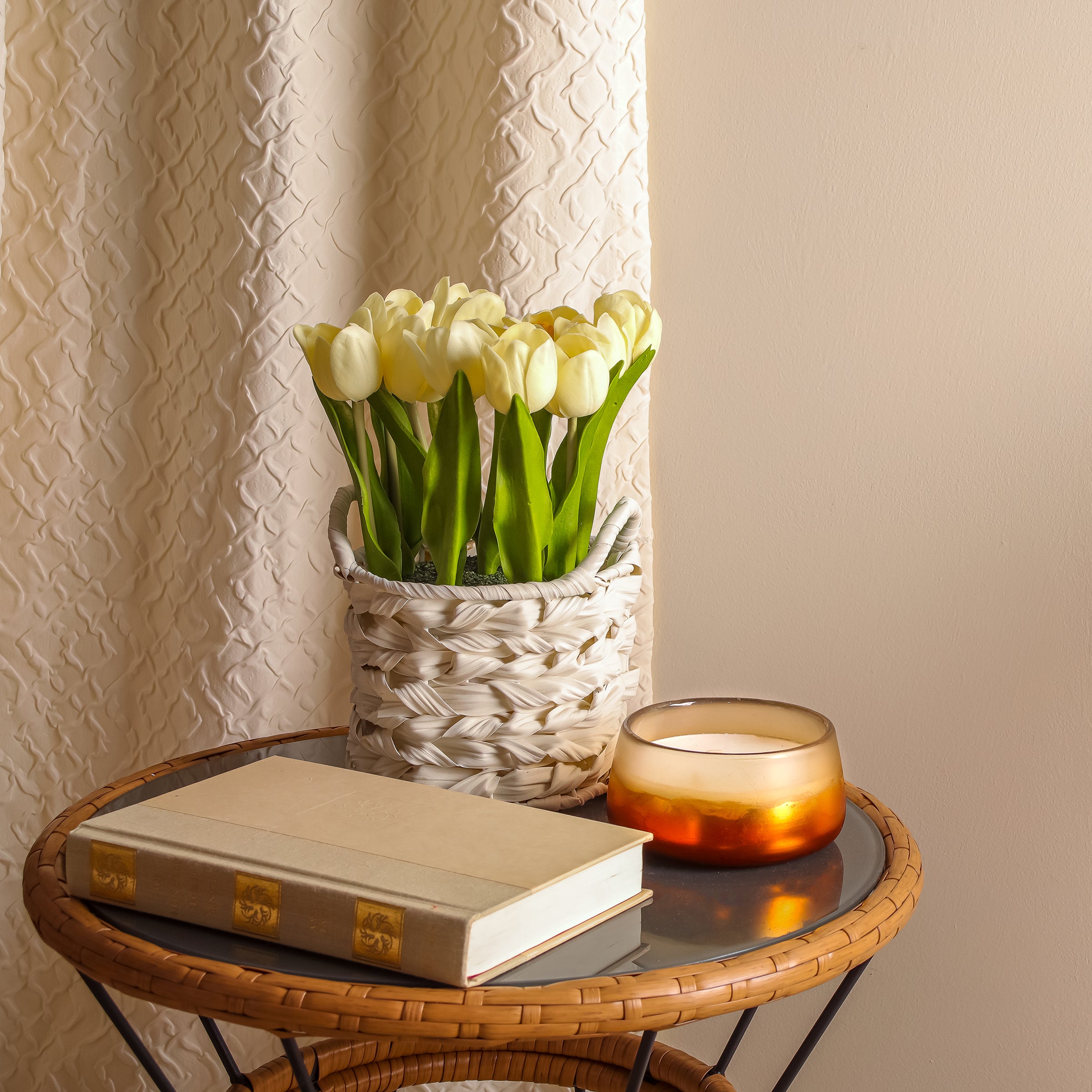 10 Inch Spring Light Yellow Tulip Bouquet in White Basket - Perfect for Easter Decor, Wedding Centerpieces & Home Table Decorations