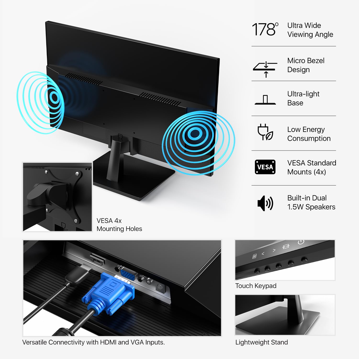 Amcrest 24 Inch 1080p FHD 60Hz Surveillance Monitor with HDMI & VGA, Micro Bezel Design, Built-in Dual Speakers - Ideal for Home Office Security, NVR/DVR Monitoring, and 24/7 Video Surveillance (AM-LM24)