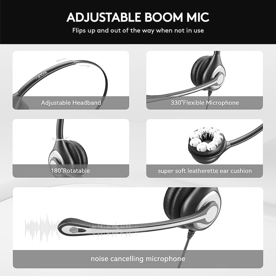 Wantek USB & 3.5mm Jack Professional Headset with Noise Cancelling Microphone - Type C Adapter Included for PC, MacBook, Smartphone - Perfect for Call Center, Online Chat, Business & Online Courses