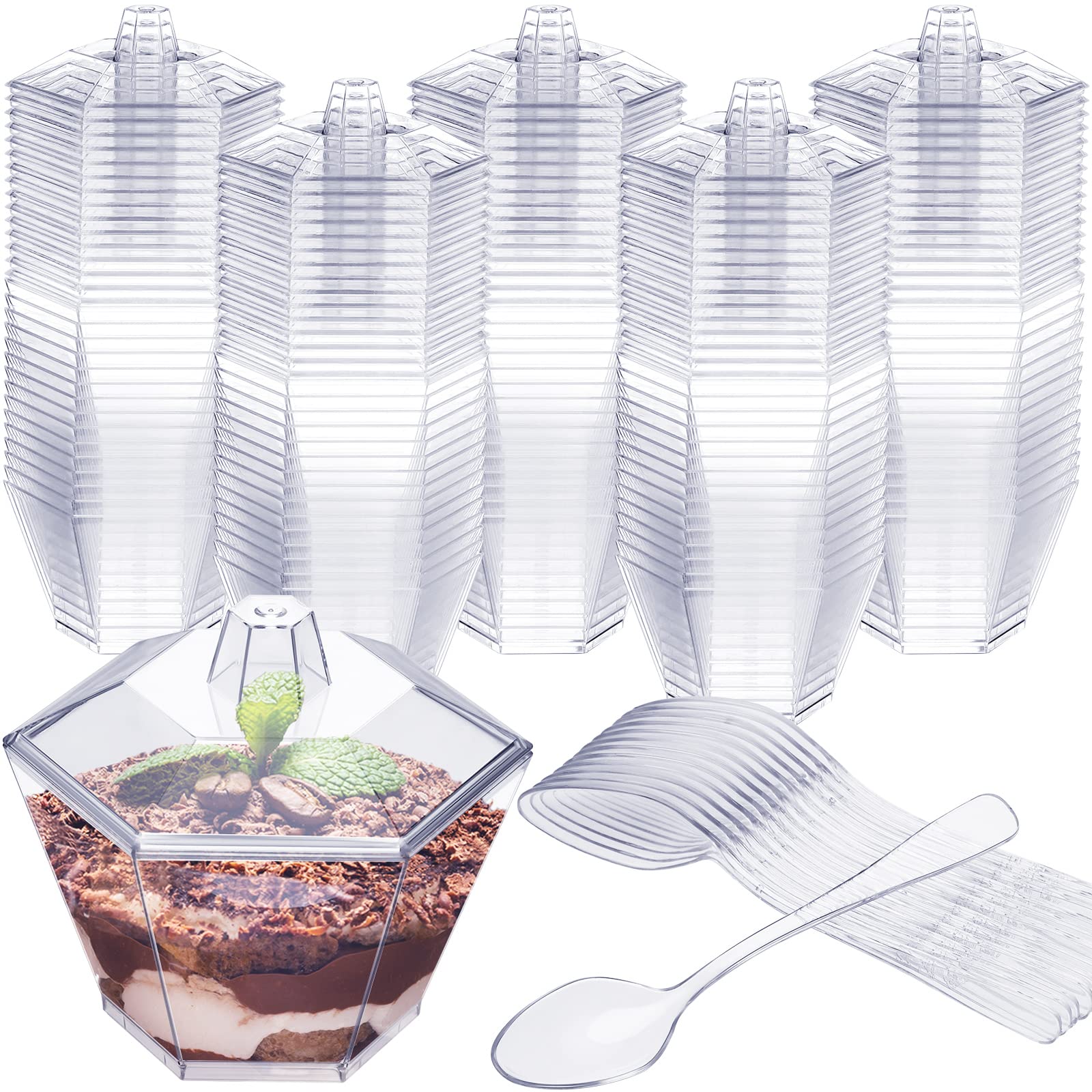 Honeydak 300-Pack Hexagonal 3.2 oz Mini Dessert Cups with Lids & Spoons - Reusable Plastic Tasting Cups for Parfait, Pudding, Appetizers, Party Favors - Perfect for Catering, Wedding, Baby Shower & Dessert Bars
