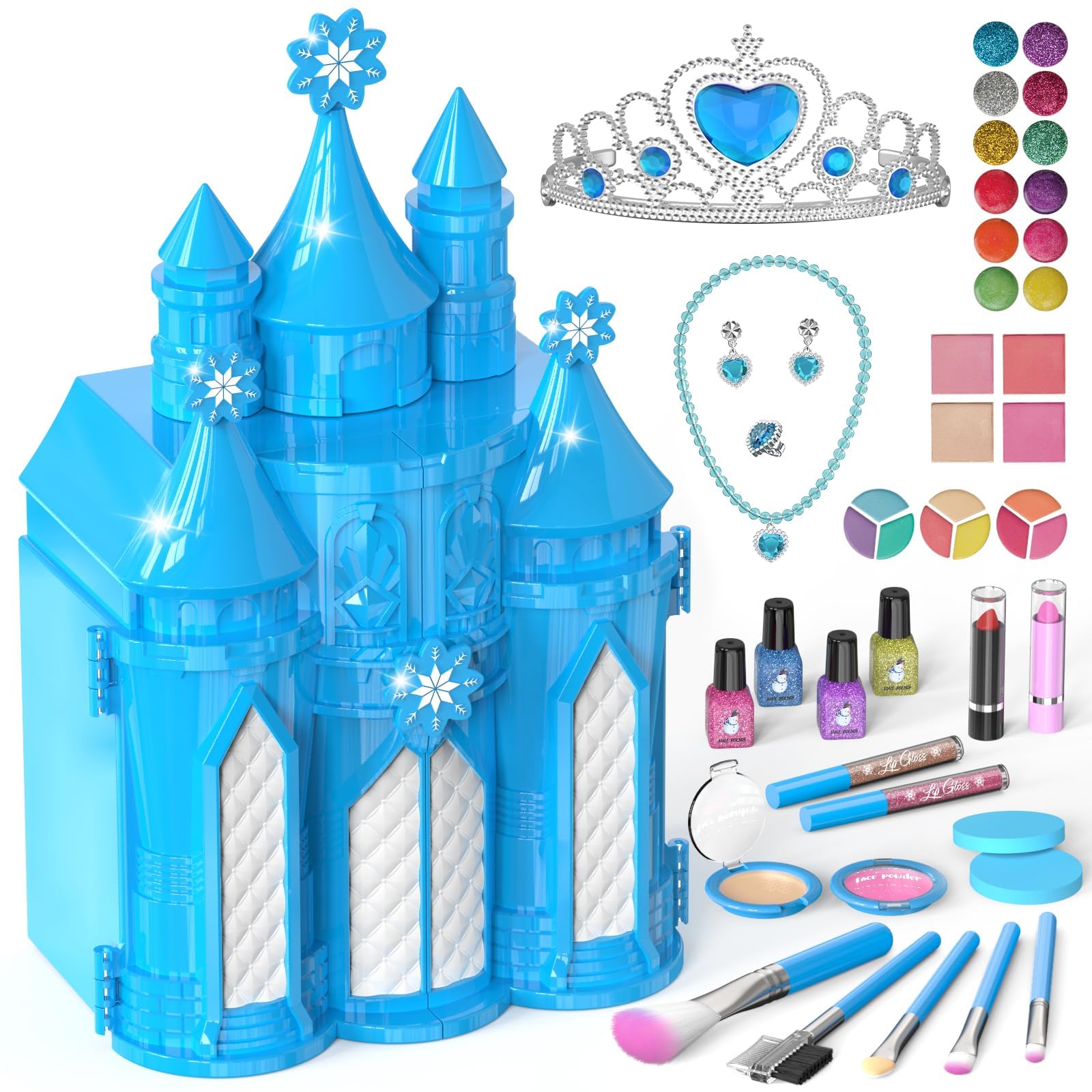 PERRYHOME 52 Pcs Frozen Castle Kids Makeup Kit for Girls - Safe, Non-Toxic & Washable Makeup Toy Set for Toddlers Ages 3-12 | Perfect Christmas & Birthday Gift for Little Girls | Pretend Play, Dress-Up & Role-Playing Fun