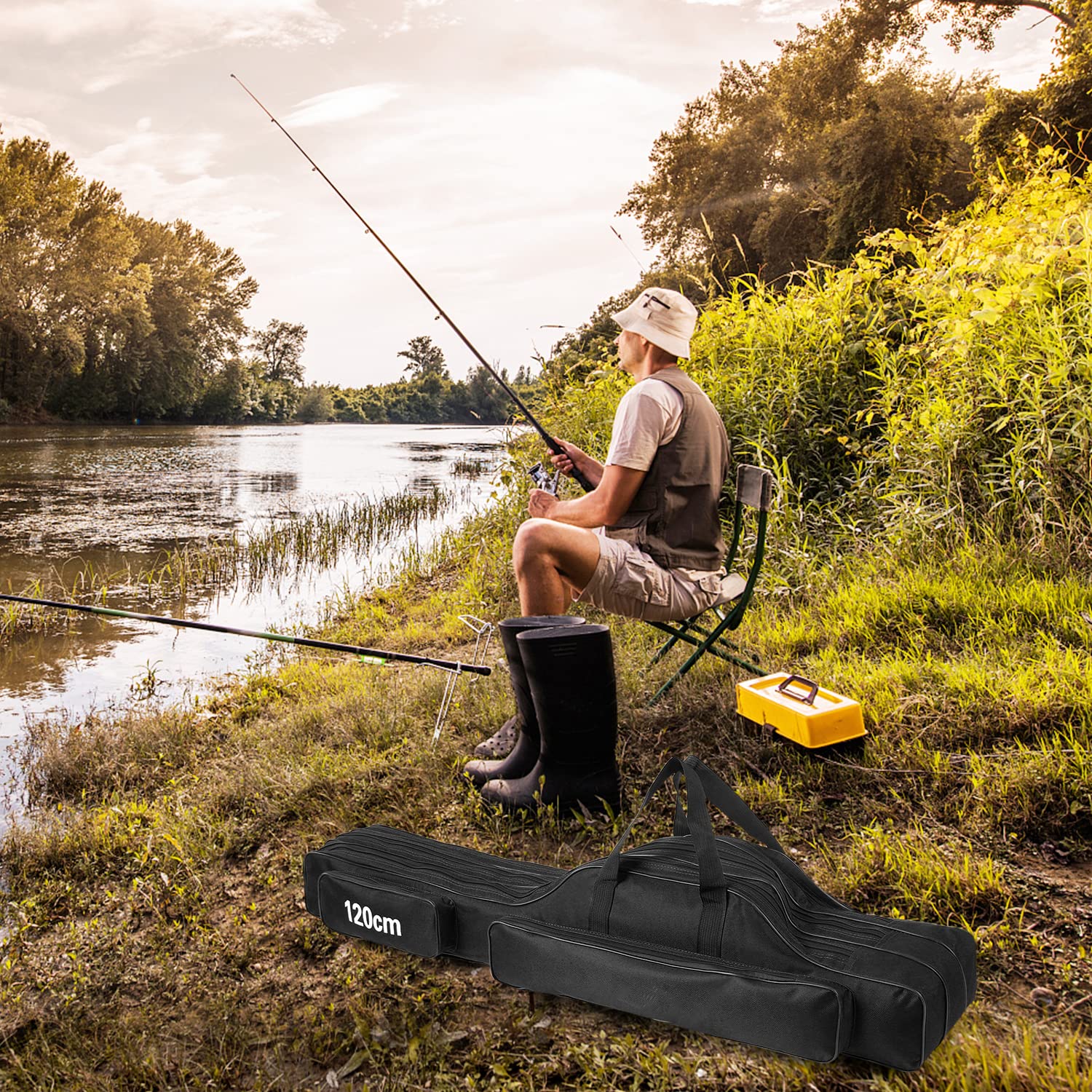 **Doorslay 3-Layer Oxford Waterproof Fishing Rod Case - Portable Folding Fishing Pole Storage Bag for Travel & Outdoor Fishing Gear - Perfect for Camping, Kayaking, and Beach Trips**