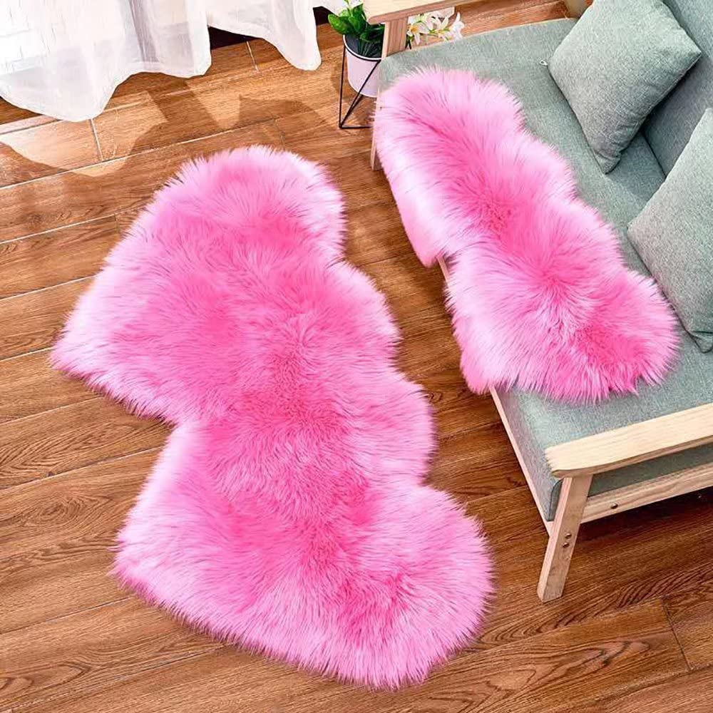 Double Heart Shape Fluffy Faux Sheepskin Rug - Soft Plush Fur Area Carpet for Living Room, Bedroom, Balcony - Rose Red 24×47 Inch - Perfect for Cozy Home Decor, Sofa Floor Mat & Romantic Gift Idea