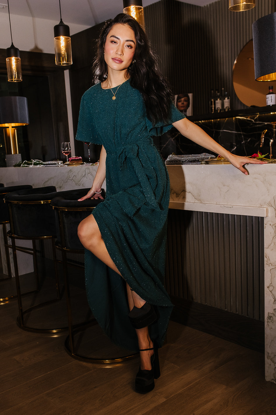 Lyanna Sparkle Maxi Dress in Teal - Elegant Long Formal Gown with Sequins | Perfect for Evening Parties, Weddings & Special Occasions | FINAL SALE