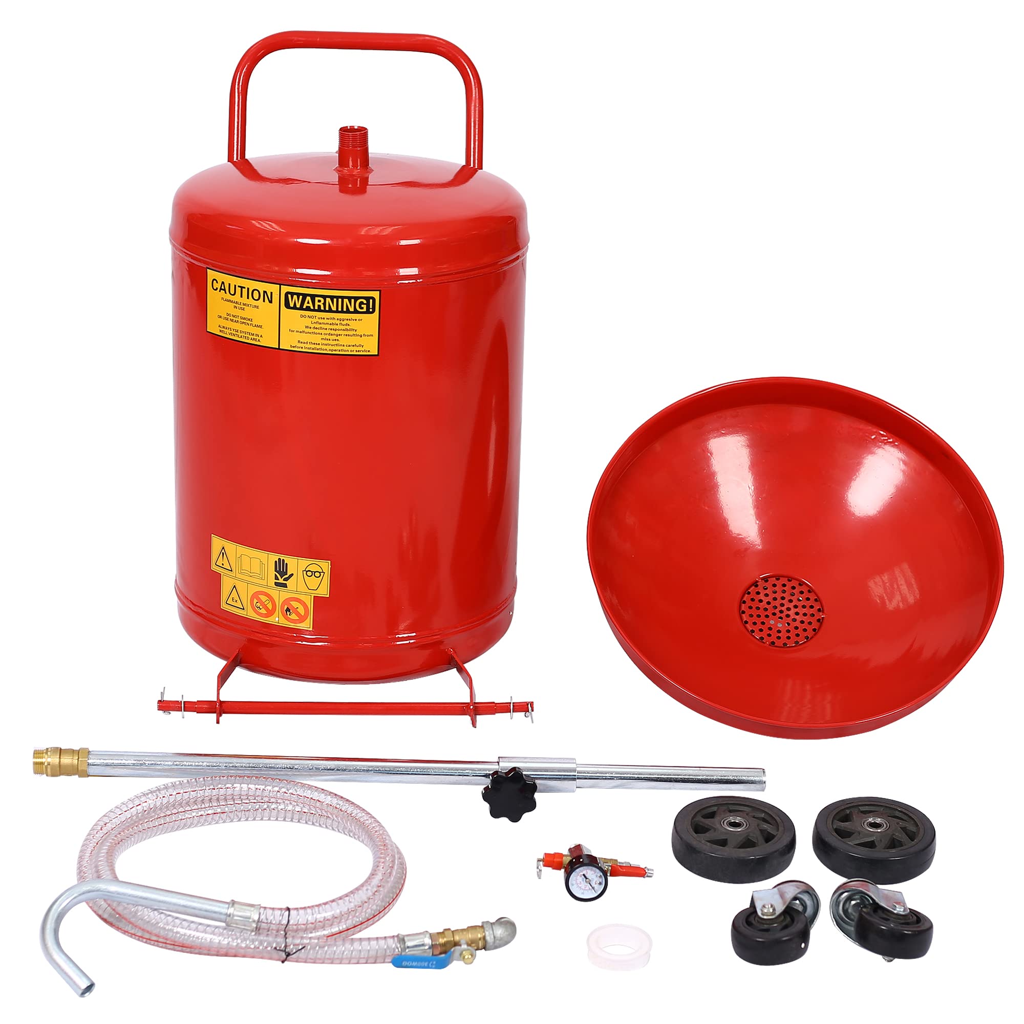 18 Gallon Oil Drain Tank with Hand Pump - Portable Pressurized Air Operated Fluid Drain Container for Car, SUV & Truck Oil Changes - Adjustable Funnel Height & Dolly Wheels (Red) - Perfect for Auto Shops, Home Garages & Quick Lube Stations