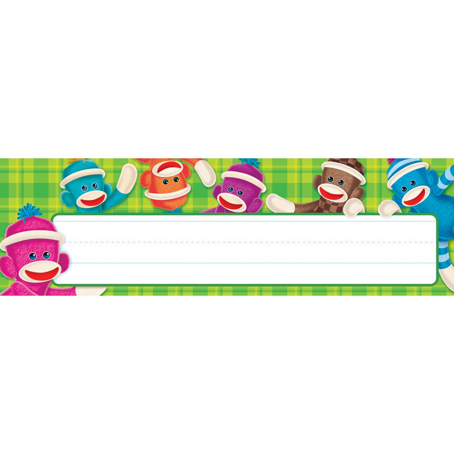 Trend Enterprises Sock Monkey Name Plates for Desks - Pack of 36 | Fun Classroom Decor & Student Desk Labels for Elementary Schools
