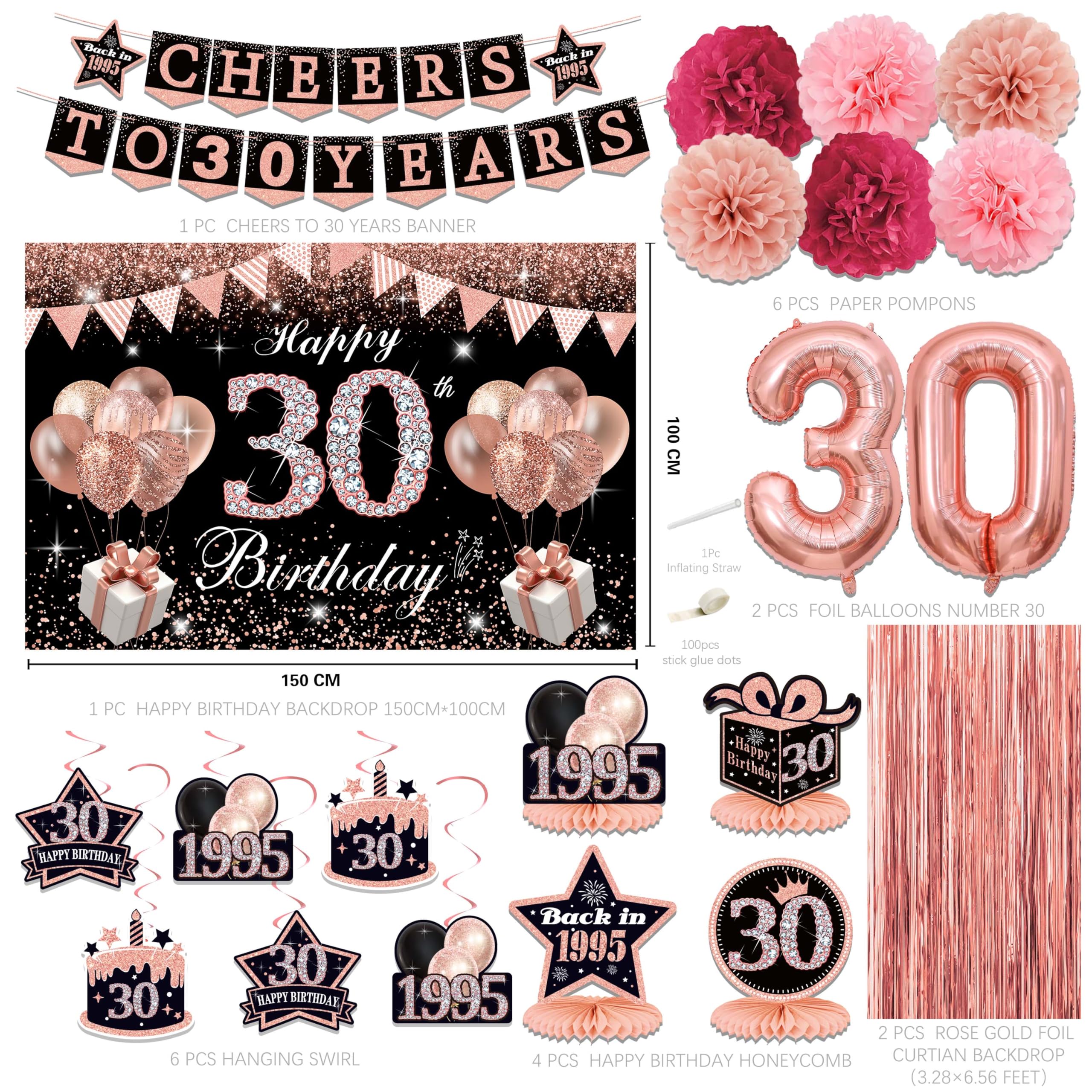 Black Rose Gold 'Cheers to 30 Years' Banner - Happy 30th Birthday Backdrop Decorations for Women, 1995 Hanging Swirls, Paper Poms & Honeycomb Centerpiece | 30th Birthday Party Supplies | Perfect for Milestone Celebrations, Photo Backdrops & Themed Decor