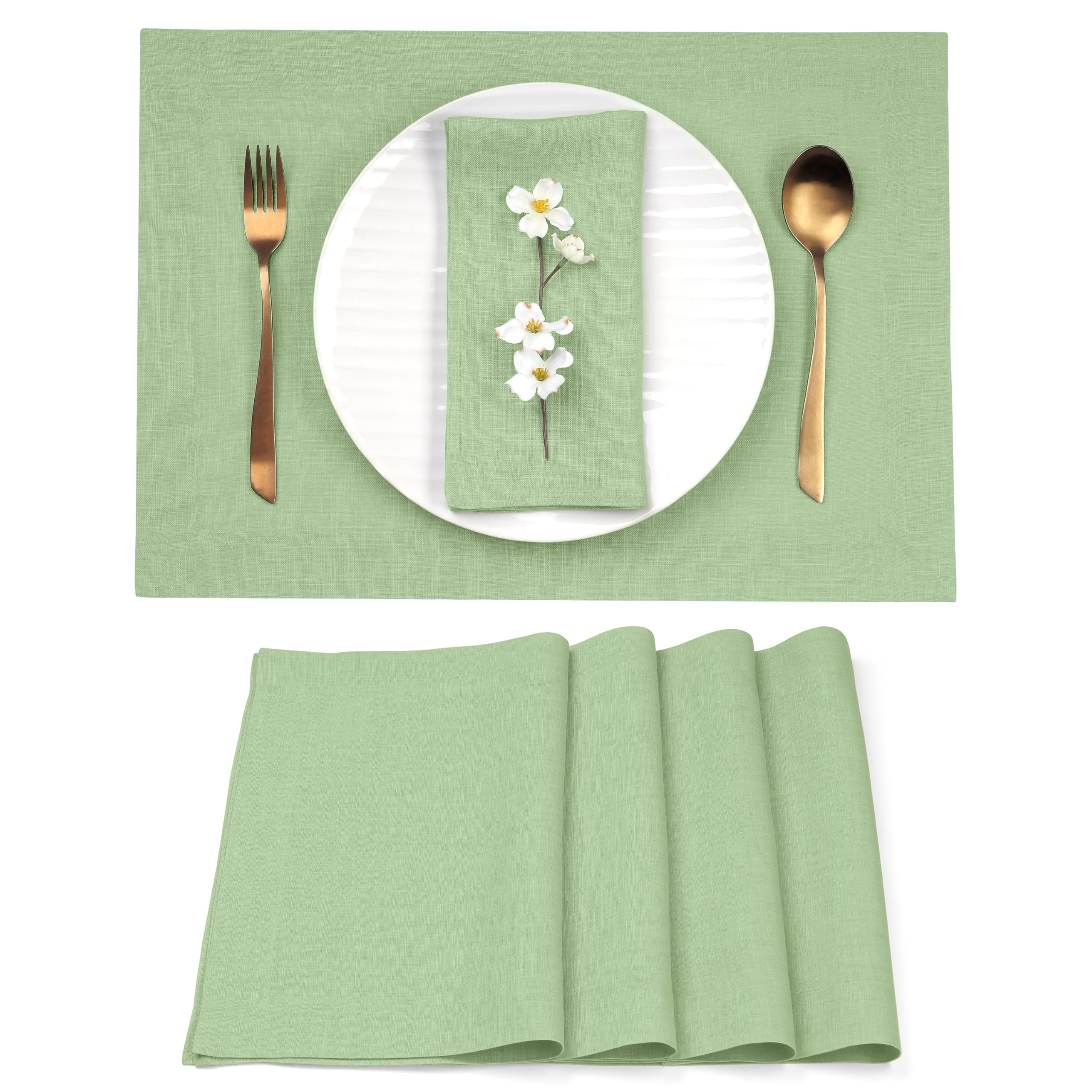 D'Moksha Homes 100% Pure Linen Placemats Set of 4 - Sage Green Table Mats 14x19 Inch - Washable Linen Placemats for Dining Table Decor, Easter Dinner, Spring Brunch & Home Decor