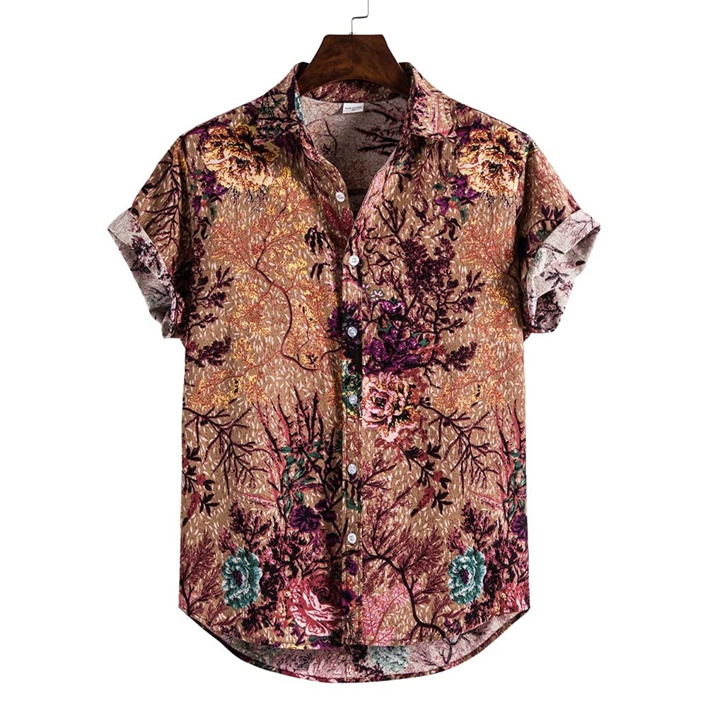 Men's Cotton Linen Hawaiian Shirt - Ethnic Short Sleeve Casual Loose Printed Button Up Beach Shirt for Summer Vacation, Tropical Party & Hip Hop Style (XXXL, Color A)