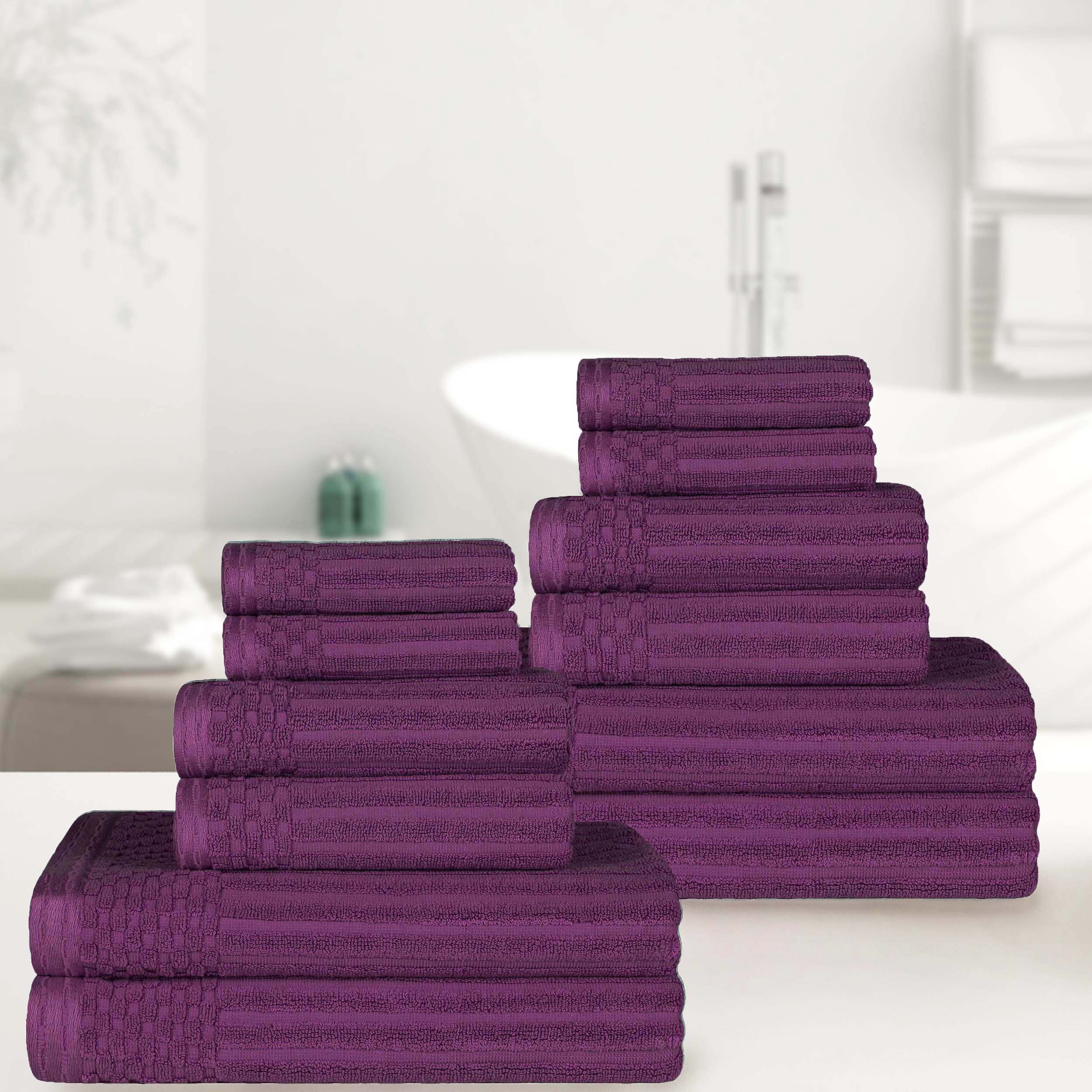 Premium 12-Piece Ribbed Cotton Towel Set - Soft, Absorbent & Medium Weight - Perfect for Bathroom, Spa & Guest Use