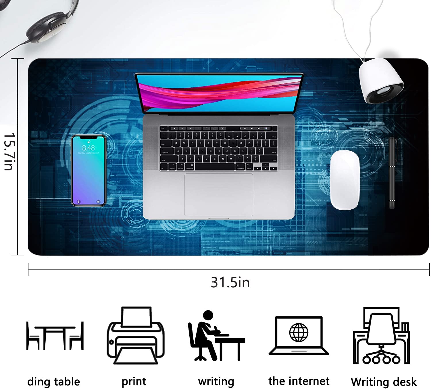 XXL Gaming Mouse Pad - 35.4 x 15.7 Inch Non-Slip Rubber Base with Stitched Edges | Abstract Blue Futuristic Design Desk Mat for Keyboard & Mouse | Perfect for Office, Gaming Setup & Home Decor (Women, Men, Girls)