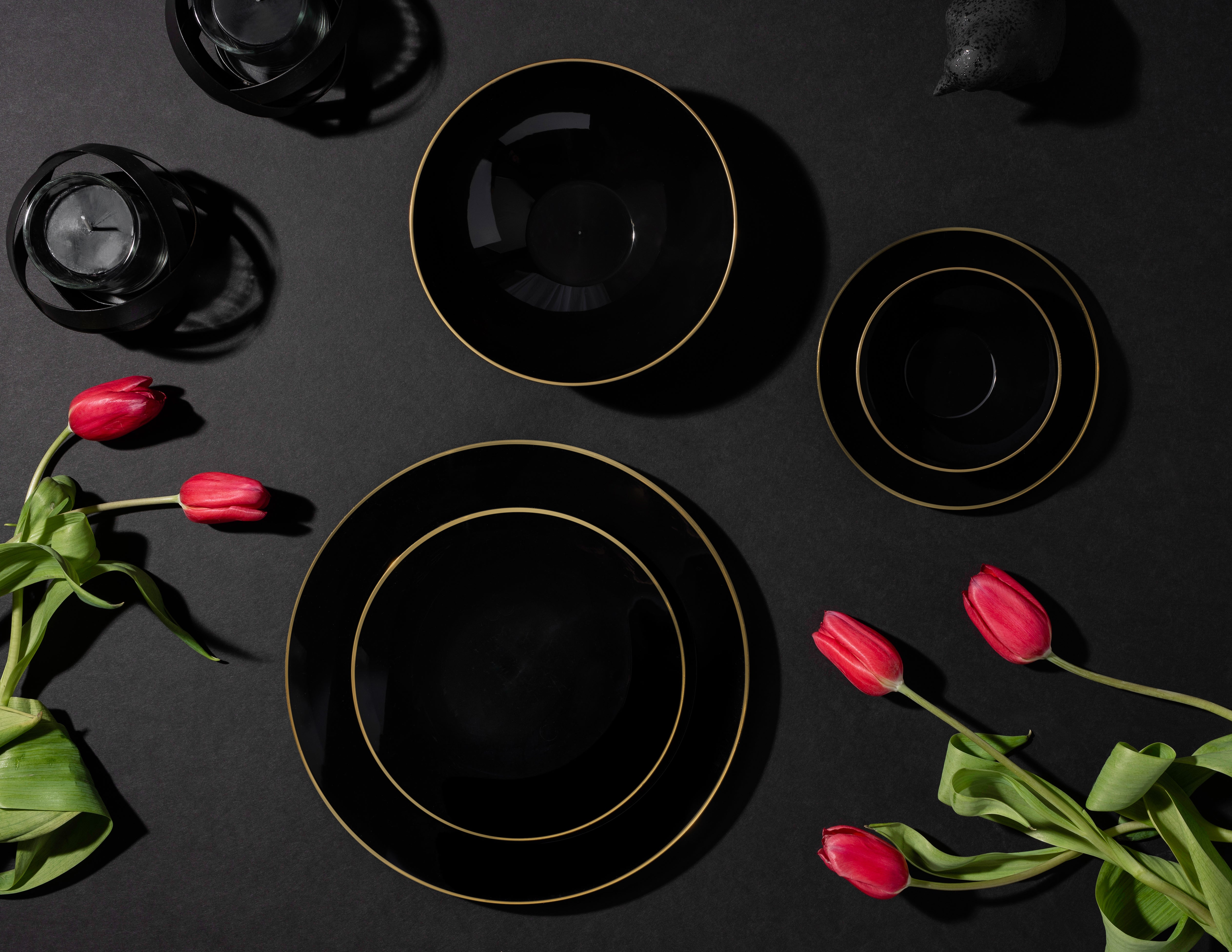 Eco-Friendly Black & Gold Round Plastic Plates - 12-Pack Disposable Dinnerware for Parties, Picnics, BBQs & Events