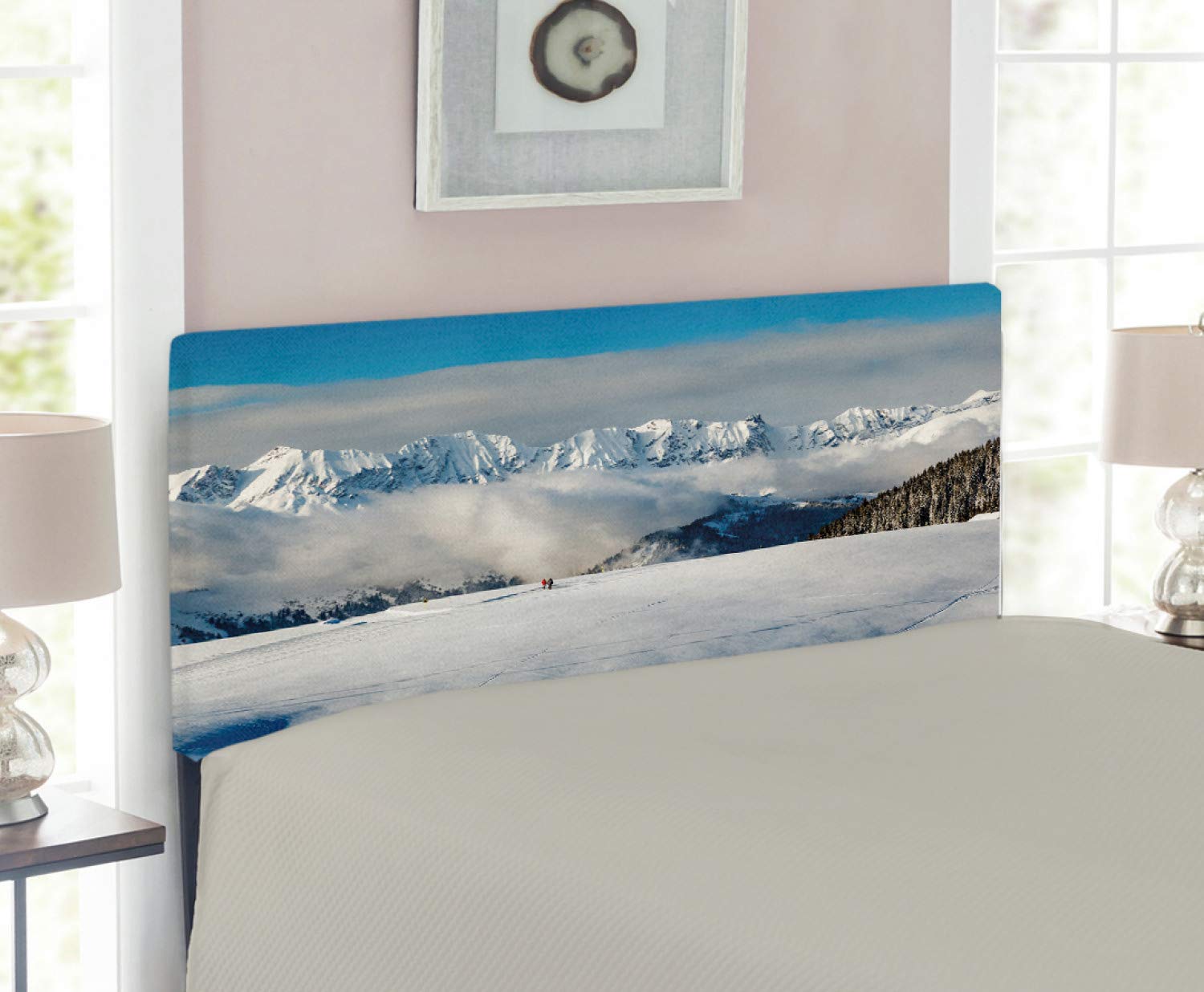 Ambesonne Winter Headboard - Panoramic Mountain View with Hikers in French Alps, Upholstered Metal Bed Headboard with Memory Foam, Twin Size in Blue White Brown - Perfect for Bedroom Decor & Cozy Winter Ambience
