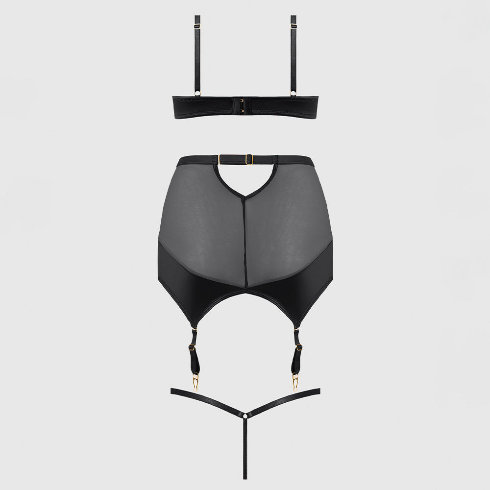Raquel Mesh Satin Bra Set with Garter Skirt & Thong for Curvy Women - Sexy Lingerie for Date Night & Special Occasions